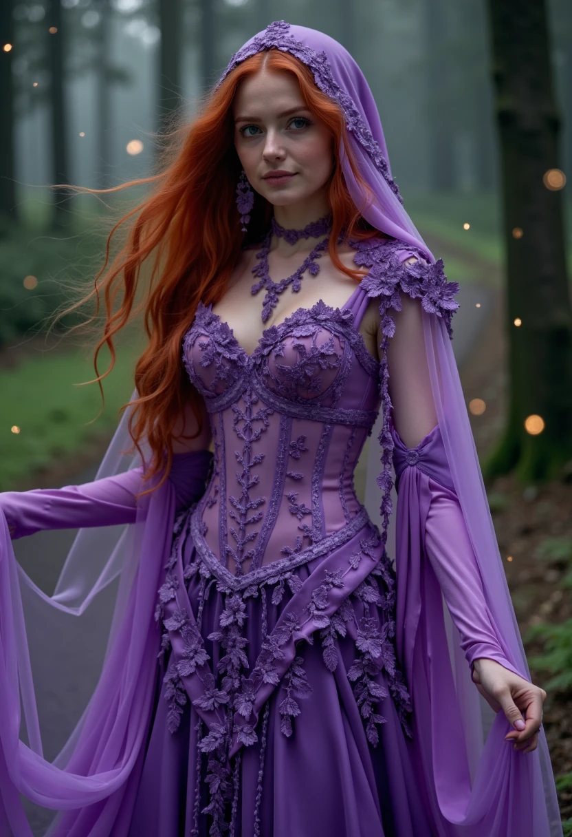 A woman with flowing long red hair gazes at the viewer softly. her violet dress is hud_m0thern4ture, a stunning full-length gown with a fitted bodice and a flared skirt. consisting of a corset, see-through hooded cape. the setting is a forest with fireflies