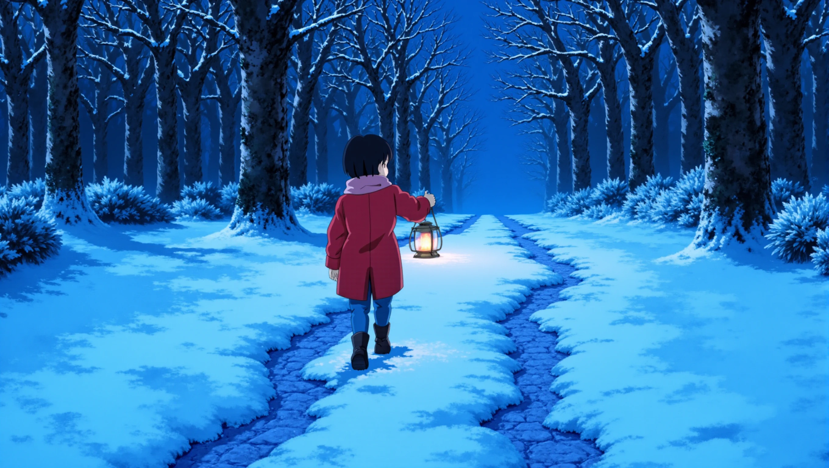 a cozyWallpaper image of a young girl dressed in a warm winter coat and scarf, holding an old-fashioned lantern as she walks through a snow-covered forest. The trees are heavy with snow, and her footprints are the only ones visible on the pristine path. The light from the lantern casts a warm glow, contrasting with the cold blue tones of the snow and twilight sky. The scene feels mysterious yet comforting, like a quiet winter adventure.  <lora:cozyWallpaper flux_epoch_18:1>