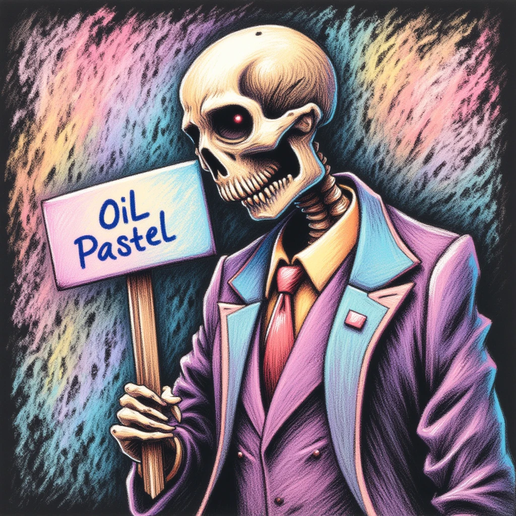 0ilpast3l, A horrifying skeleton monster wearing a suit jacket. wild dark and abstract background of swirling prismatic colors, holding a sign that says "Oil Pastel".