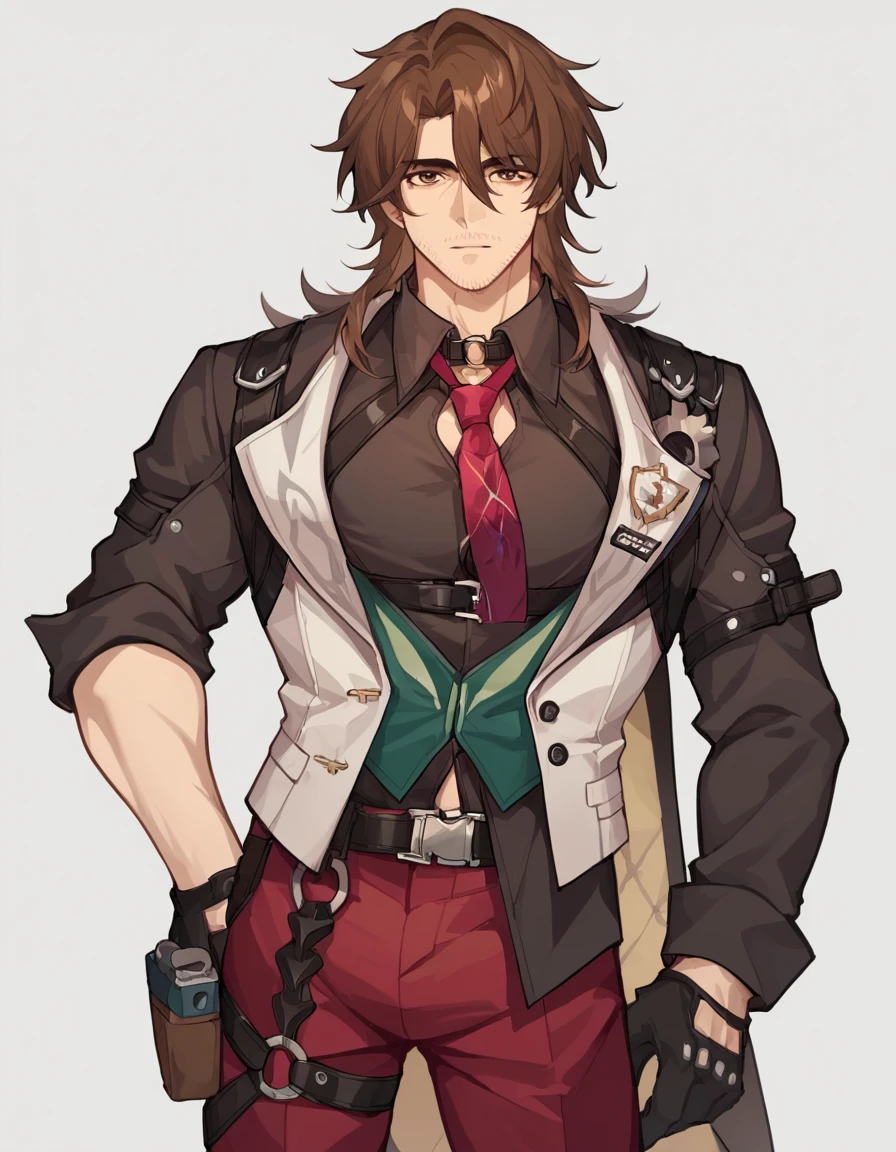 score_9, score_8_up, score_7_up, source_anime, <lora:Gallagher-19:0.8> 1boy, solo, male focus, gallagher, brown hair, hair between eyes, long hair, brown eyes, stubble, facial hair, collared shirt, black shirt, black gloves, red pants, belt,
looking at viewer, cowboy shot, <lora:add-detail-xl:1.5>