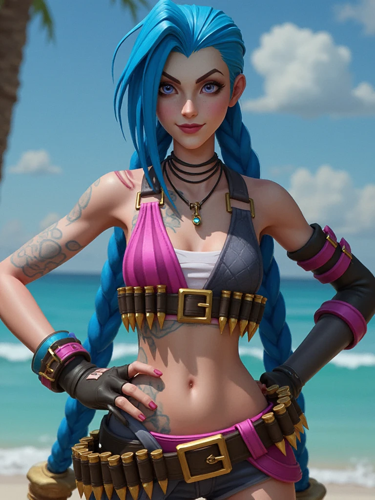 jnxll woman wearing a bikini top with wrapped breasts, blue hair, braids, very long hair, shorts, hand on hip, boots, bandaid on knee, bullet belt, huge smile, pychotic laughing, best quality, 4k, 8k, high resolution, cinematic, vibrant, intricate, Hyperrealistic, high detail