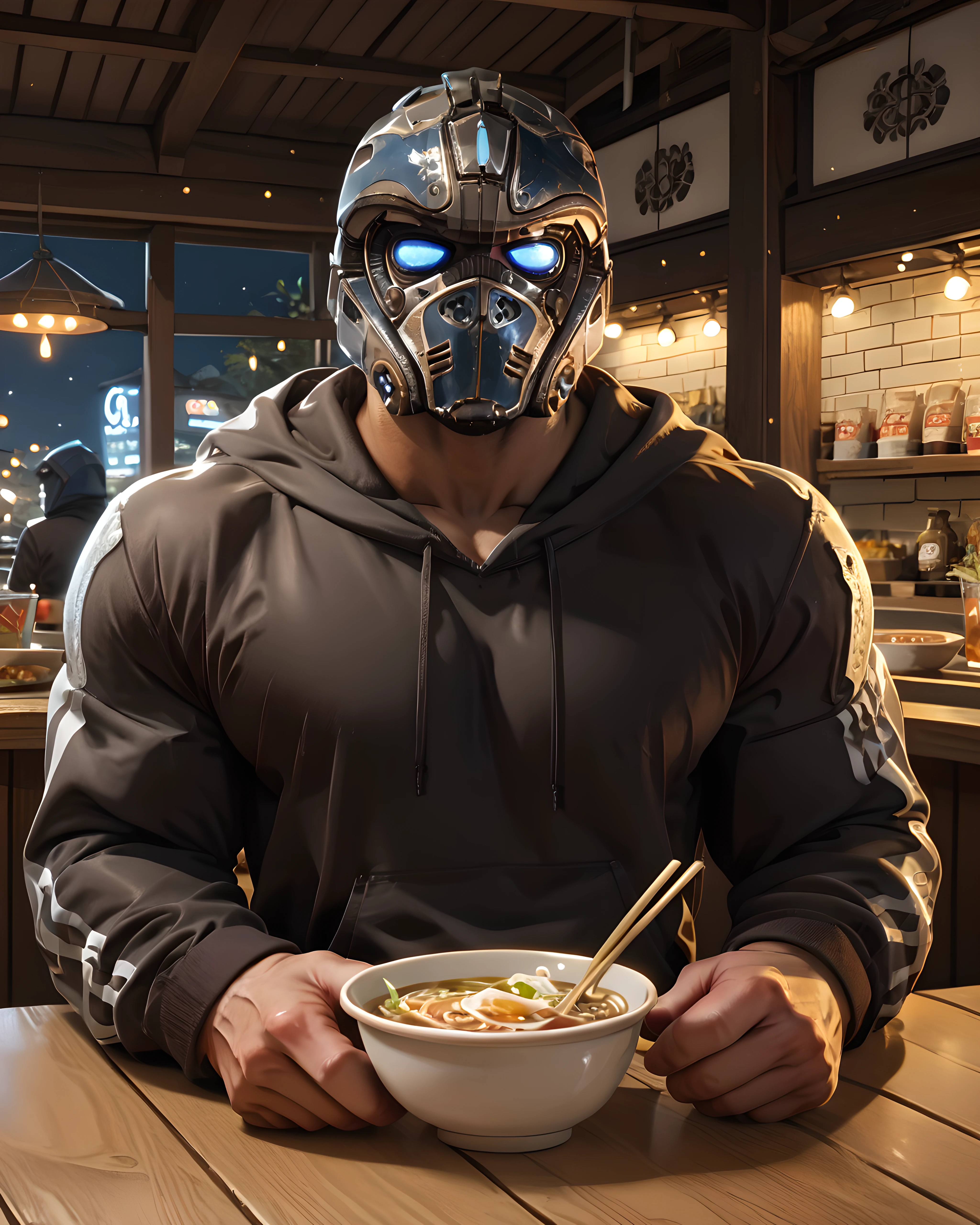 clayton_carmine, looking at viewer, hoodie, helmet, (muscular:1.1), bara, indoor, ramen shop, lights, sitting down, counter, ramen, drink, looking at viewer <lora:Clayton_Carmine_PonyXL-10:0.95>, score_9, score_8_up, score_7_up, score_6_up,