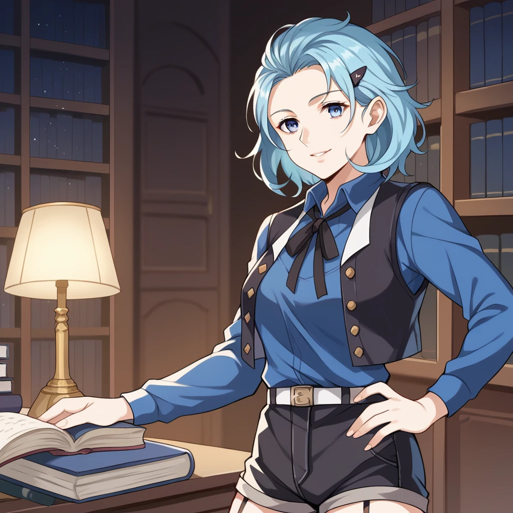 score_9_up, score_8_up, score_7_up, source_anime, masterpiece, best quality, 1girl, solo, Einstein_Hi3, Eins_VN, night time, bookshelves, desk lamp, standing, hand on hip, holding book, gentle smile, looking at you, blue hair, short hair, blue eyes, hairclip, blue shirt, polo shirt, neck ribbon, black ribbon, cropped vest, black vest, black shorts, short shorts, white belt, long sleeves, black thighhighs, garter belt, mature body, dynamic cowboy shot, indoors, library background