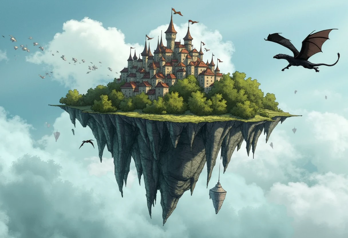 dragon hunters, a crowded medieval town floating on an island with forest in the sky, black dragon flying by, cumulus clouds, birds