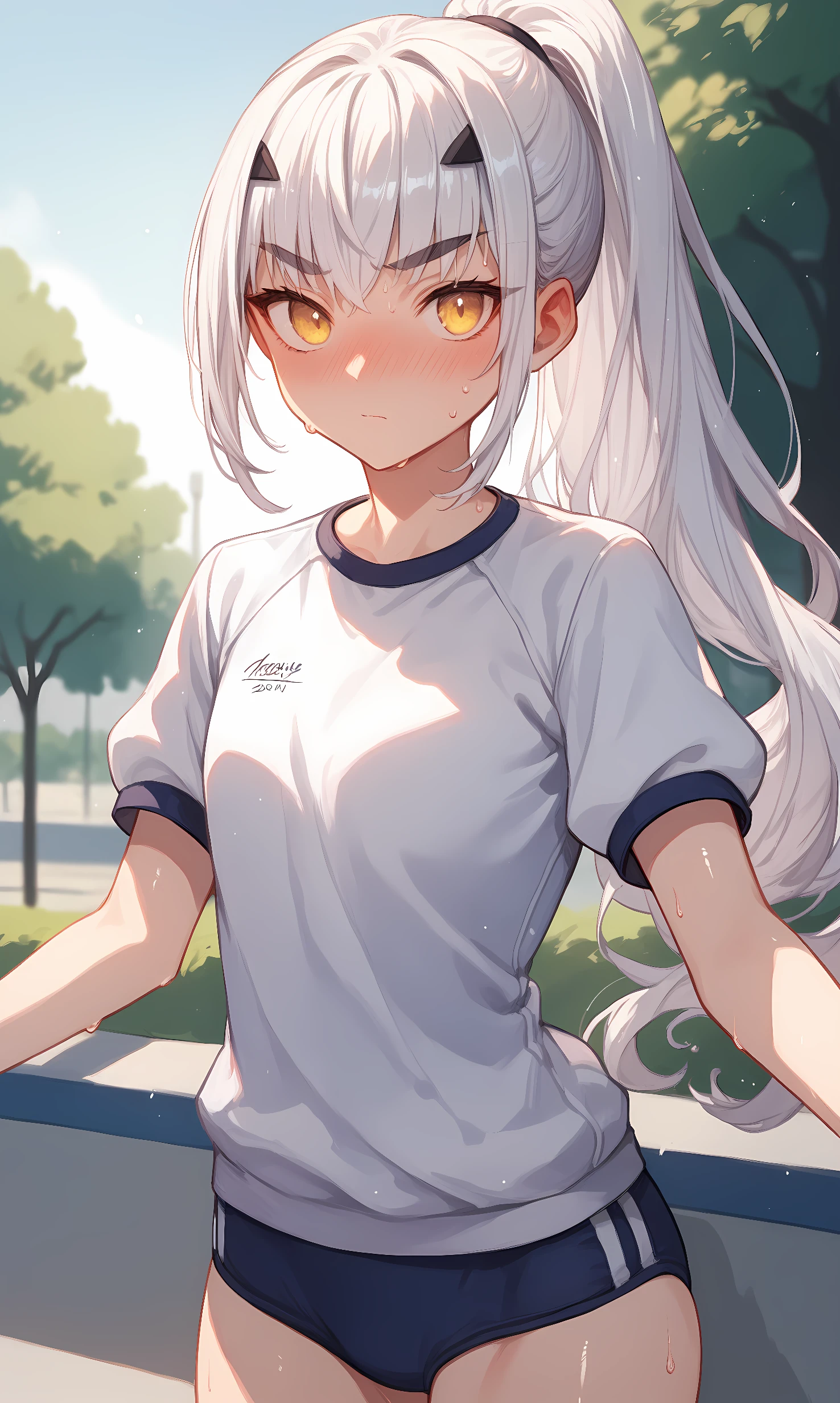 score_9, score_8_up, score_7_up, BREAK source_anime, 1girl, solo, outdoors, park, cowboy shot, standing, looking at viewer, melusine, yellow eyes, white hair, long hair, high ponytail, sidelocks, hair ornament, forked eyebrows, white shirt, short sleeves, gym uniform, buruma, sweat, shiny skin, close-up, nose blush