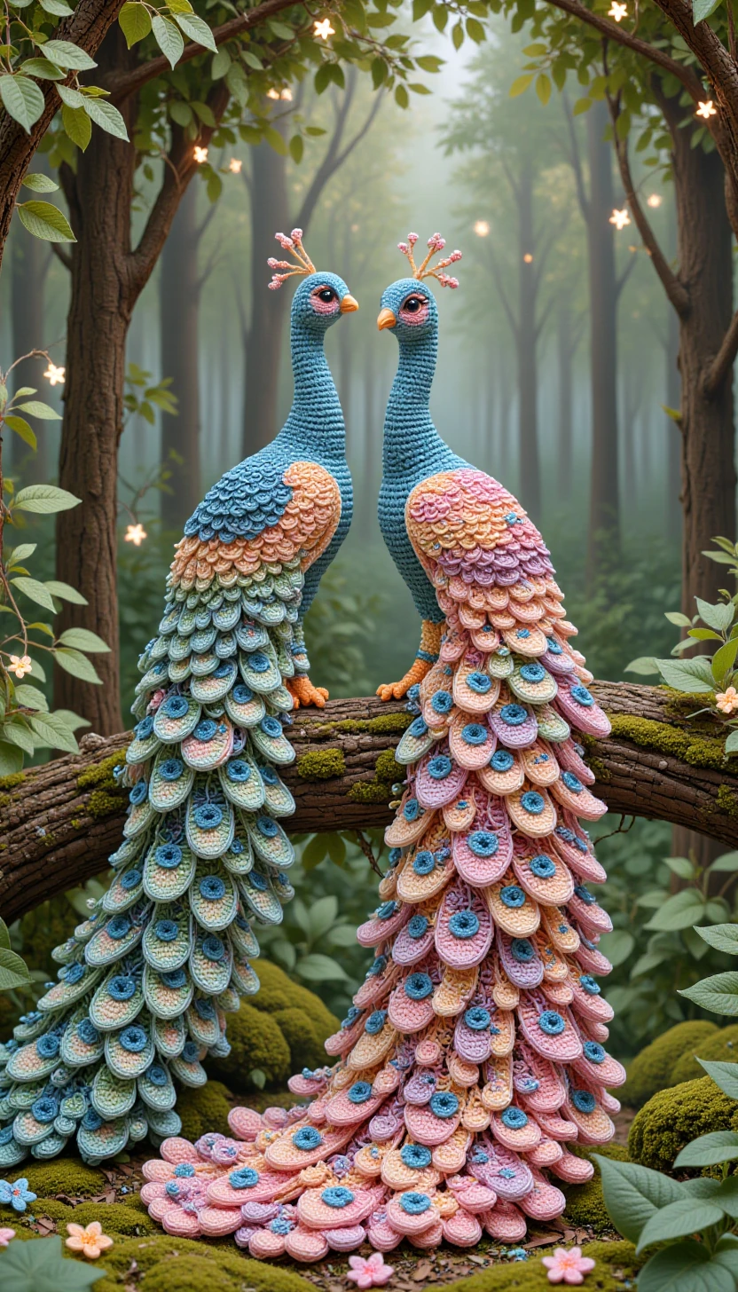 cr0ch3tcut3styl3, crocheted, A serene scene of pastel iridescent peacocks with elaborate tail feathers