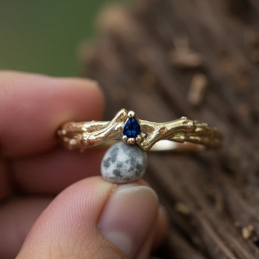 with organic textures and rough edges. The background is a solid brown wood, standing on top of a sea pebble, set in yellow gold on the edge of delicate tree branches and leaves. The scene is captured from above by a hand holding up the ring. This perspective emphasizes the unique design of the band and highlights the beauty of the sapphire