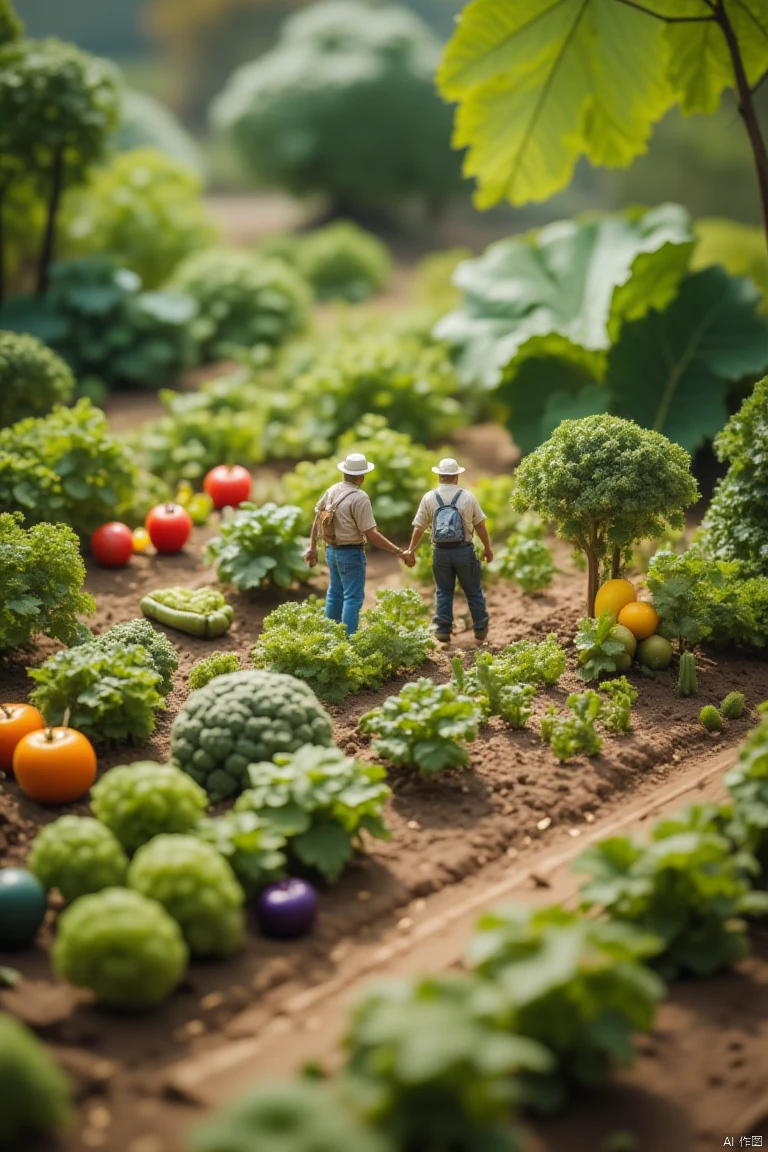 a small scale model of a vegetable garden features a large pile of vegetables
including green broccoli
red tomatoes
green beans
and purple squash. The vegetables are arranged in a circular pattern
adding a touch of color to the scene. Two men
dressed in blue jeans and white hats
are standing in the middle of the garden
holding hands with each other. They are dressed in backpacks
with white hats on their heads. To the right of the men
there is a small tree with green leaves. The background is blurred
creating a peaceful and natural setting.