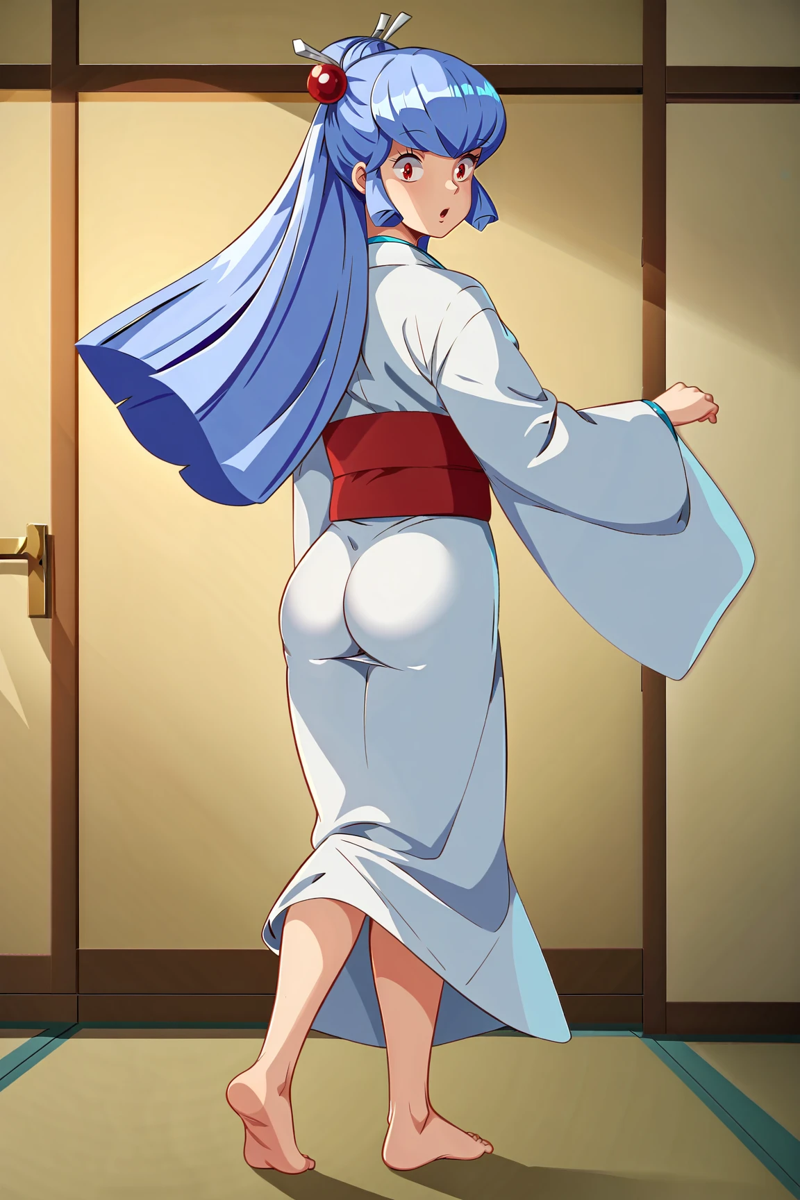 score_9, score_8_up, score_7_up, score_6_up, BREAK, OyukiUYXL, red eyes, blue hair, long hair, bangs, sidelocks, hair ornament, small breasts, white kimono, red sash, barefoot, solo, mature female, standing, from behind, ass, surprised, looking at viewer, indoors <lora:OyukiUYXL:1>