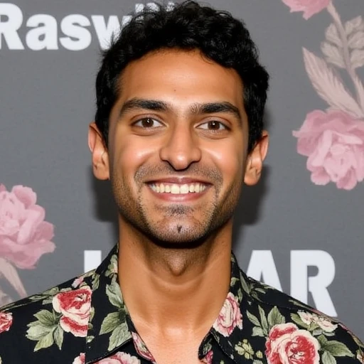 karan, male, hawaiian shirt, looking at viewer, smile, teeth, facial hair