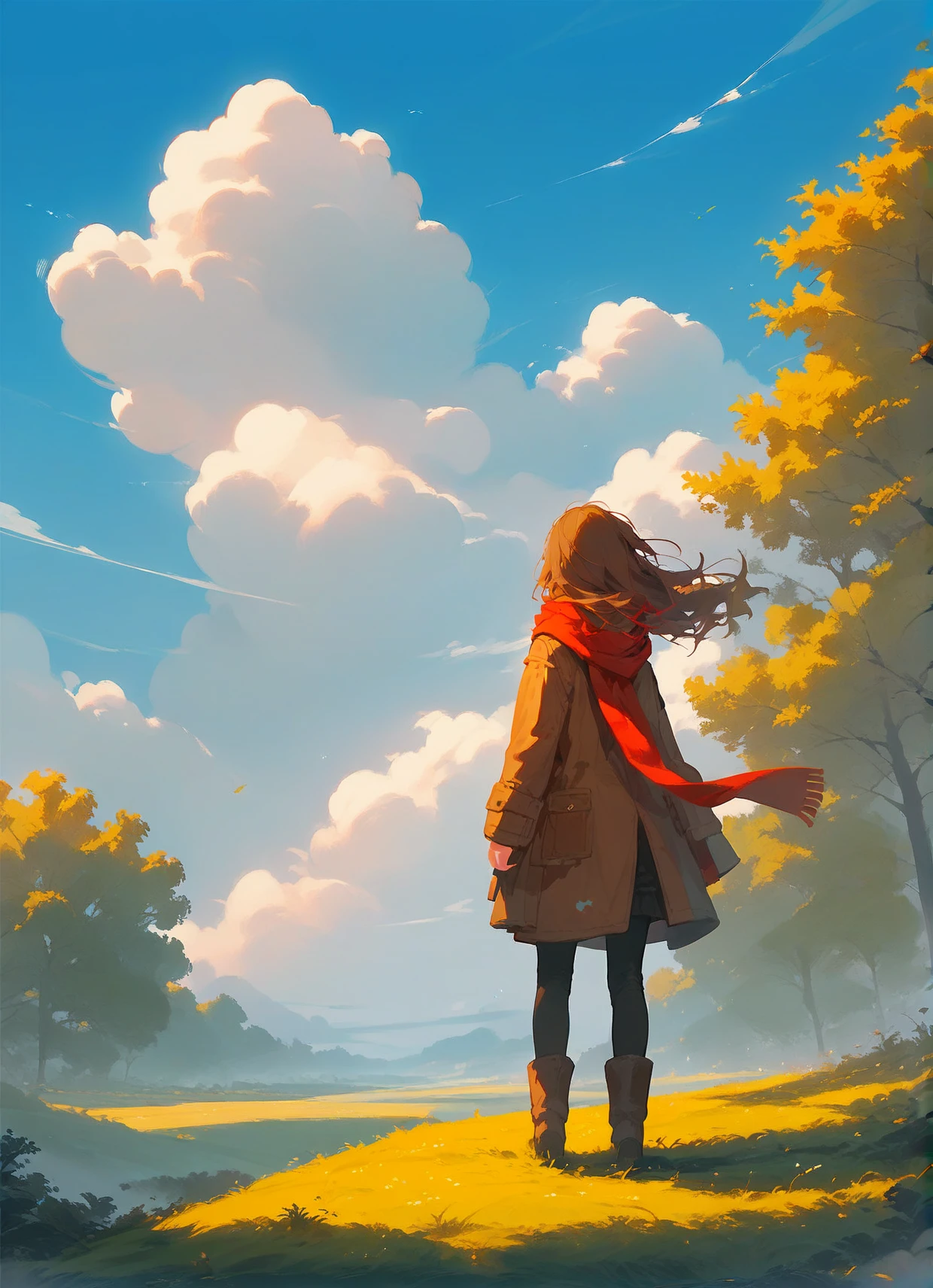 score_9,score_8_up,score_7_up,1girl, solo, outdoors, sky, scarf, cloud, red scarf, long hair, scenery, wind, standing, from behind, brown hair, tree, coat, long sleeves, holding, cloudy sky, blue sky, grass, brown coat, day, facing away