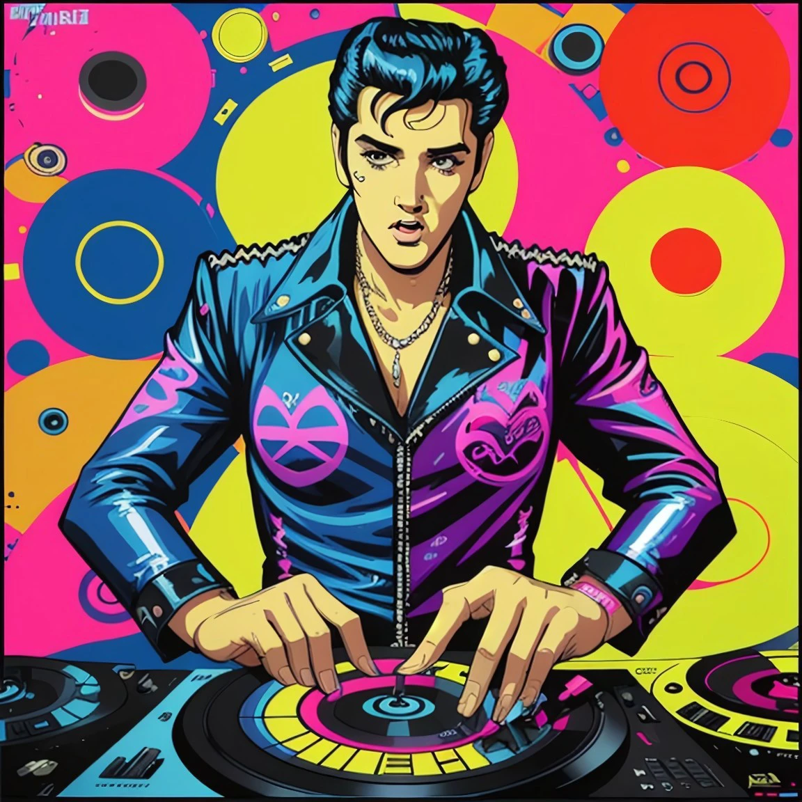 Elvis Presley as an EDM artist, DJ, turntables, party, bright colors, in the style of frank kozik