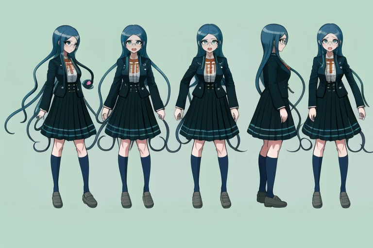 <lora:Tsumugi_Shirogane_emSD15:1>,  Danganronpa 3 screencap style, anime ,  Tsumugi Shirogane character, Tsumugi Shirogane, school uniform, 1girl, solo, white blouse, orange bow, teal-black blazer, silver buttons, teal-blue hair, center parted hair, straight hair, teal-green eyes, round glasses, white glasses, teal-black pleated skirt with teal stripe hem, dark navy knee-length socks, teal-gray loafers ,  new vtuber character reference sheet, perfect anatomy, outfit design  , disappointed expression, boxing stance