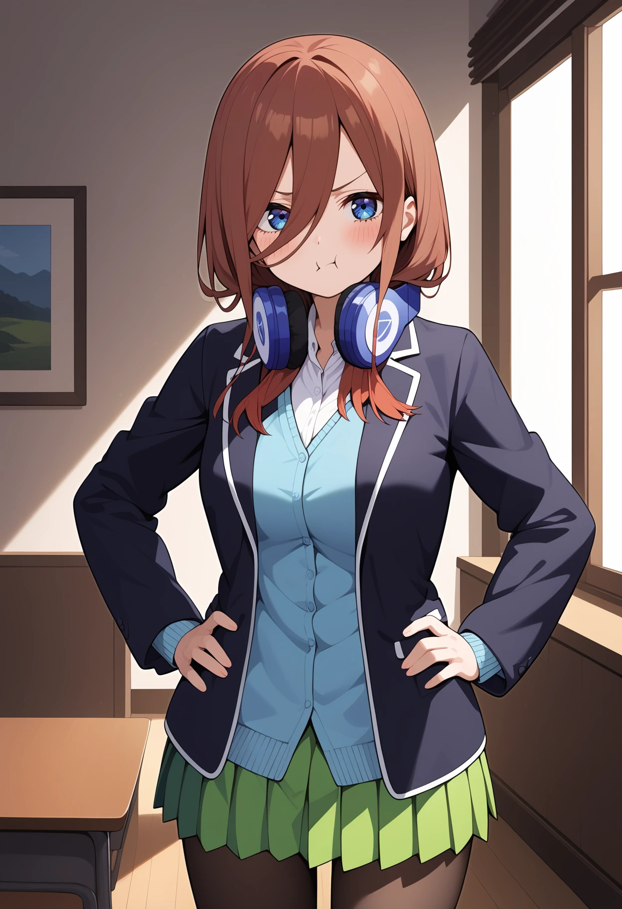 score_9, score_8_up, score_7_up, score_6_up, score_5_up, score_4_up, source_anime, aamiku, long hair, brown hair, blue eyes, headphones, headphones around neck, breasts, white shirt, light blue cardigan, blazer, black jacket, open jacket, long sleeves, pleated skirt, green skirt, black pantyhose, <lora:nakano_miku_ponyxl_v1:0.9>, hands on own hips, standing, cowboy shot, pout, indoors,