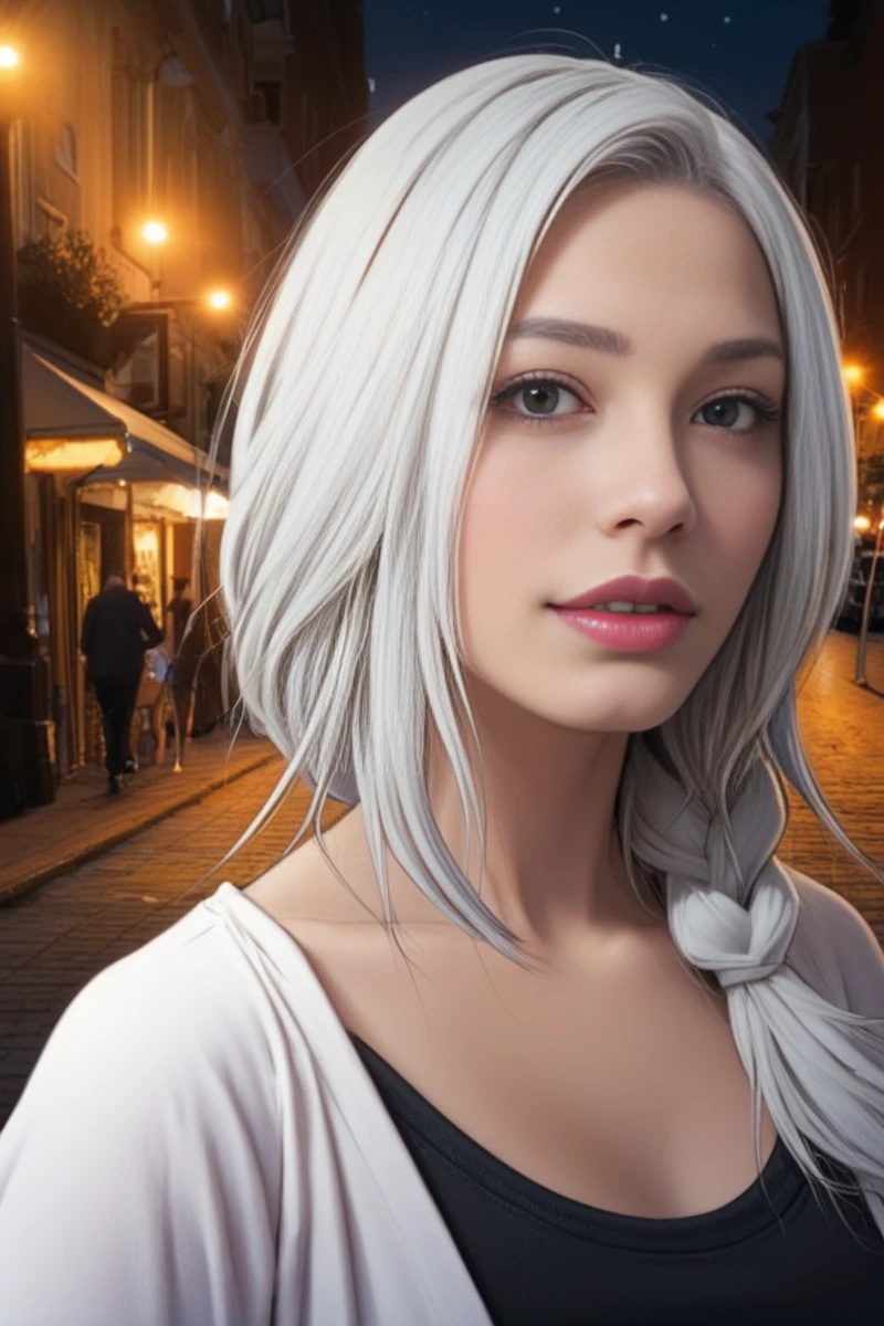 Ga-Hee JO, score_9, score_8, score_7, source_anime, GaHeeJoDove, 1woman, black dress, grey open cardigan, looking at viewer, city street, late at night, <lora:GaHeeJoDoveV2:0.9>, white hair, single braid, close-up, realistic