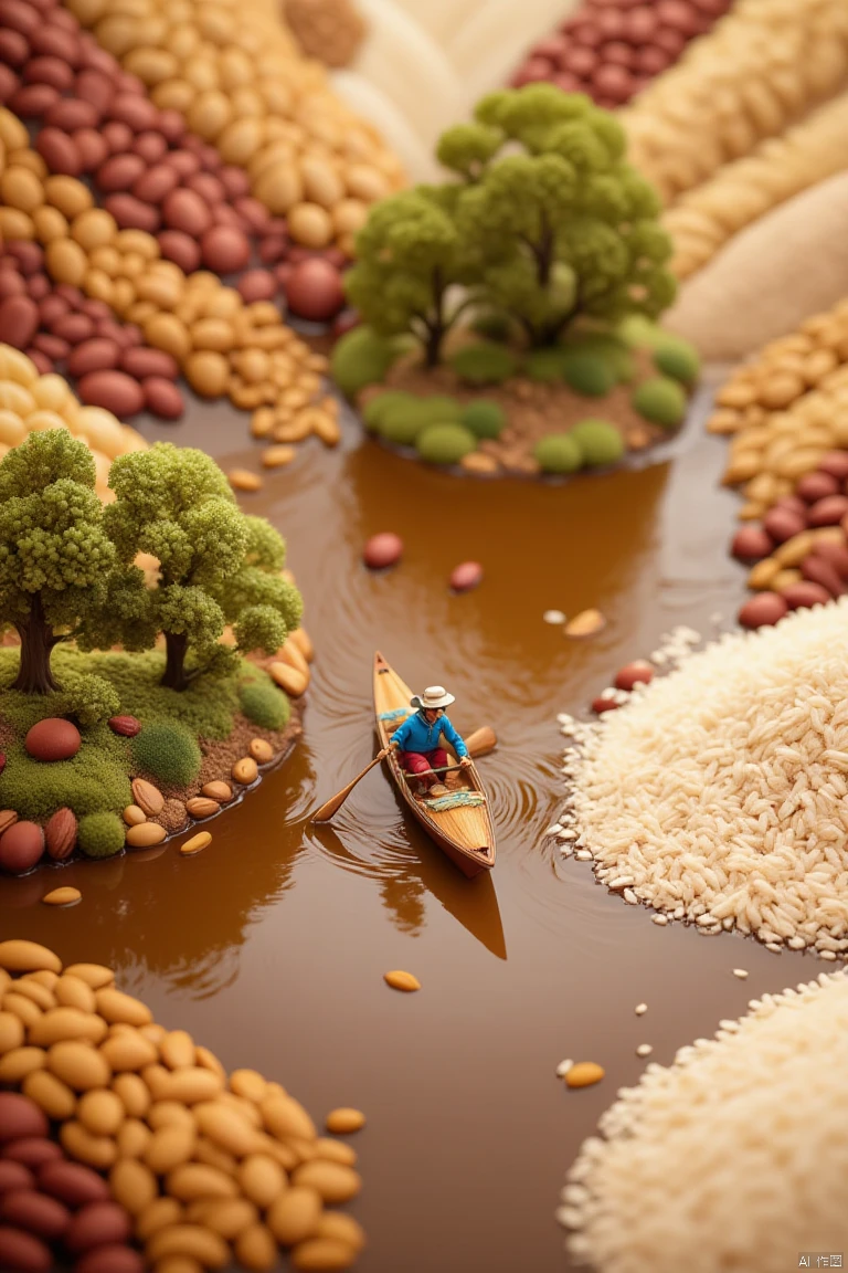 a miniature model of a man in a blue shirt and hat is rowing a rowboat in a body of murky brown water. The man is holding a paddle in his right hand
while his left hand is resting on the oar. The oar is a light brown color
and the boat is adorned with small red beans. To the right of the boat
there is a row of white rice
and to the left of the rowboat
there are two small trees with green leaves and brown beans. The trees are arranged in a circular pattern
adding a pop of color to the scene. The left side of the image is filled with red and yellow beans
while the right side is made up of brown and green beans.