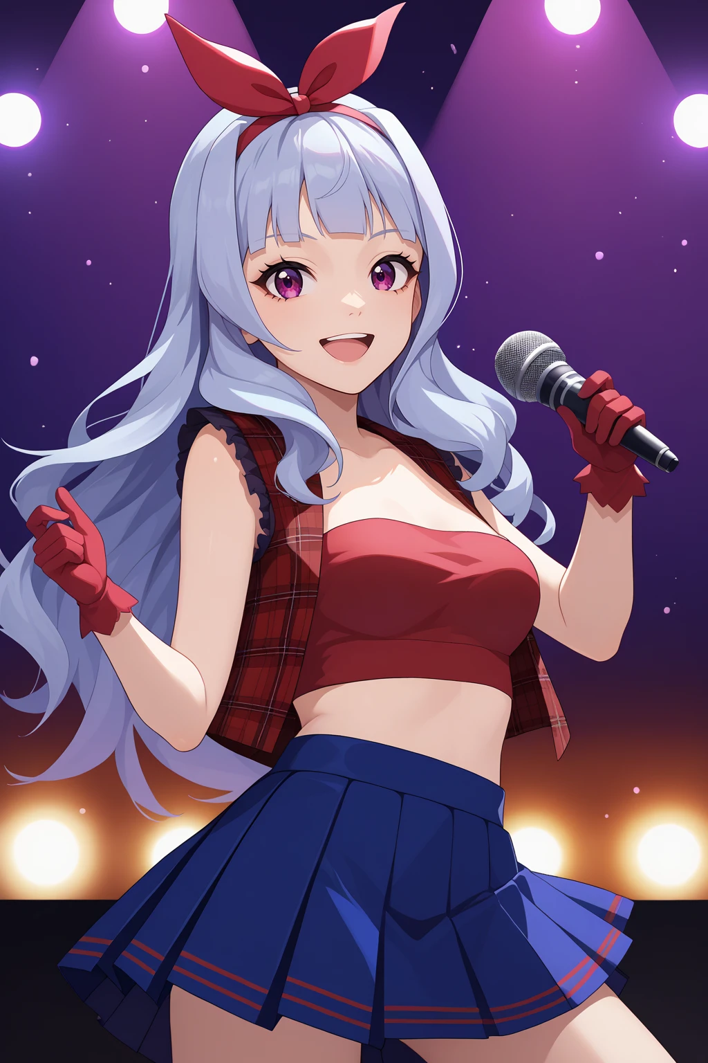 score_9, score_7_up, source_anime, cowboy shot, looking at viewer, smile, open mouth, tknshj, medium breasts, blunt bangs, hair intakes, hairband, long hair, grey hair, purple eyes, idol clothes, hair ribbon, tube top, pleated skirt, plaid vest, gloves, holding microphone, singing, indoors, concert, stage lights, <lora:Hoseki_Idolmaster_TakaneShijou_PDXL_v1:1>