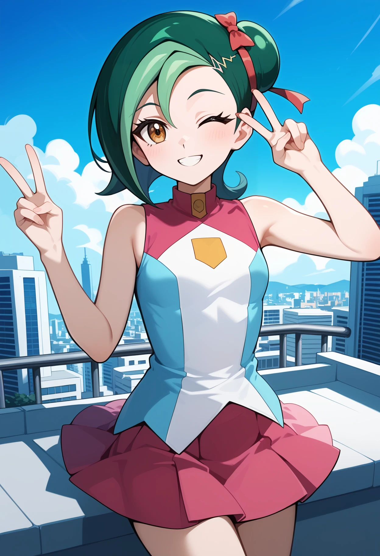 score_9, score_8_up, score_7_up, score_6_up, score_5_up, score_4_up, source_anime, aakotori, short hair, multicolored hair, green hair, single hair bun, hair ribbon, brown eyes, small breasts, bare shoulders, sleeveless shirt, multicolored shirt, blue shirt, pink skirt, <lora:mizuki_kotori_(yu-gi-oh!)_ponyxl_v1:0.9>, rooftop, city, smile, peace sign, one eye closed,