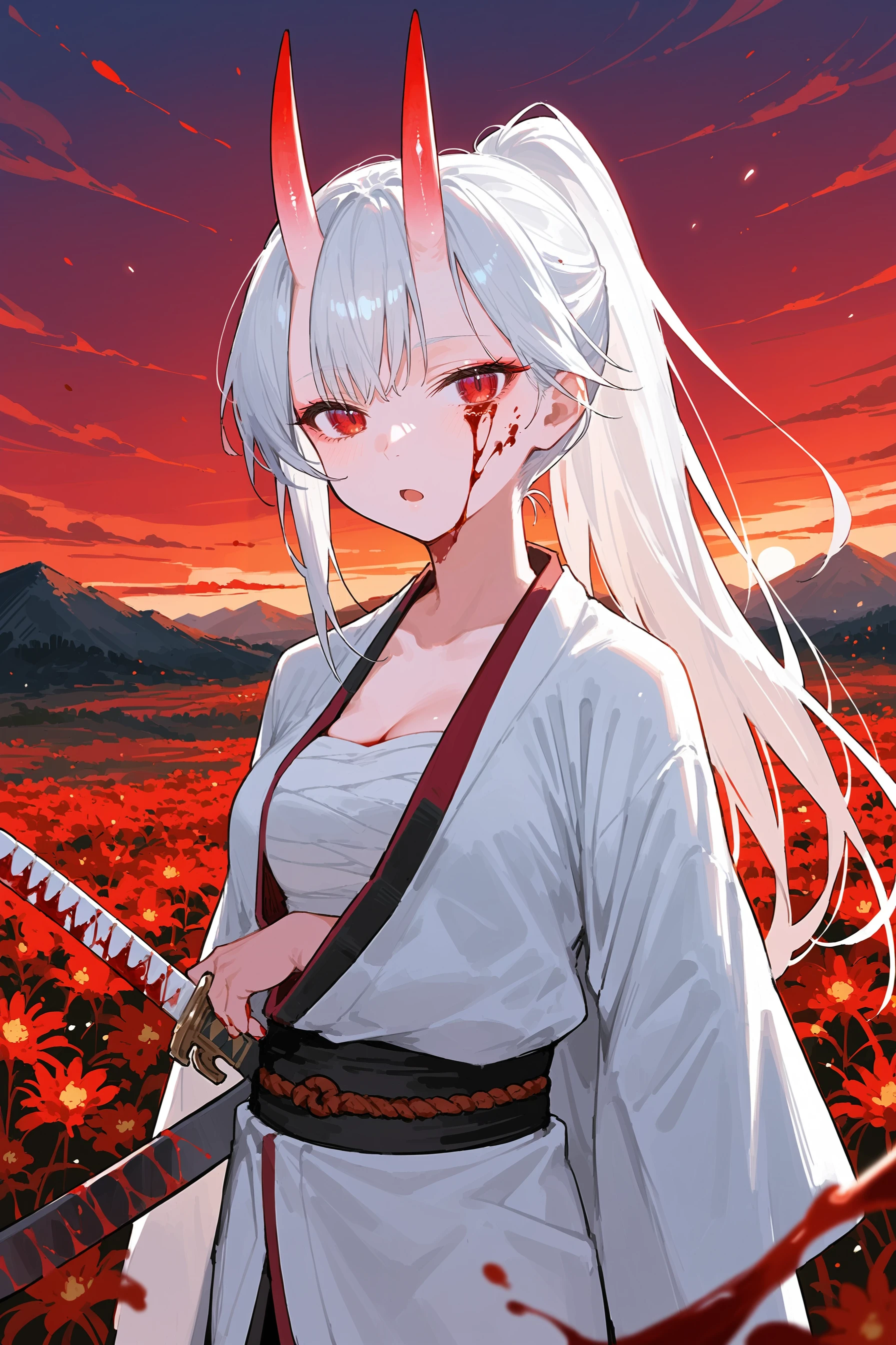 (score_9, score_8_up, score_7_up) BREAK source_anime,1girl,solo,red eyes,white hair,long hair,ponytail,oni horns,japanese clothes,(arm inside kimono:1.2),holding weapon,holding sword,medium breasts,chest sarashi,white kimono,blood,blood on clothes,blood on face,expressionless,open mouth,looking at viewer,cowboy shot,outdoors,sunset,flower field,fire,mountainous horizon,<lora:c_kimono_32dim_v1:1>,