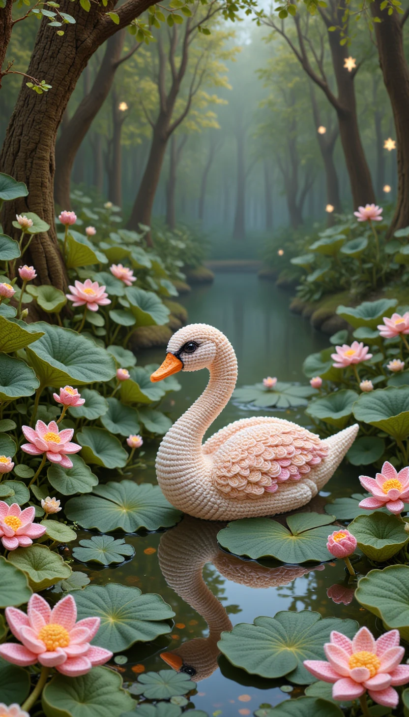 cr0ch3tcut3styl3, crocheted,a cute swan in a serene pond, lotus flowers, lily pads, reflective water surface, serene atmosphere