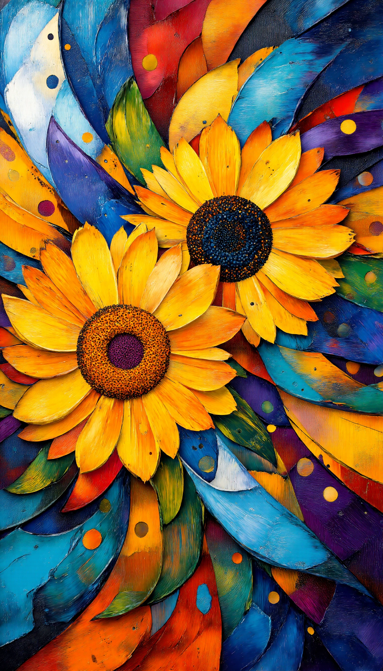 A minimalist yet powerful version of "Sunflowers," inspired by Vincent van Gogh, with a modern twist. The sunflowers are depicted using vibrant, unexpected colors--such as neon yellows and pastel blues--alongside thick, sculptural layers of paint applied with a palette knife. The impasto technique adds depth and energy, with each petal standing out in bold, three-dimensional relief. The overall composition is sleek and minimalist, with only a few strong strokes and a clean, empty background, emphasizing the contrast between the intense texture of the flowers and the simplicity of the scene. <lora:Midjourney_Whisper_BrushPulse_v01_epoch_20:1>, colorful, energetic, rich colors, <lora:midjourney_whisper_chromaplex_v1:1>,