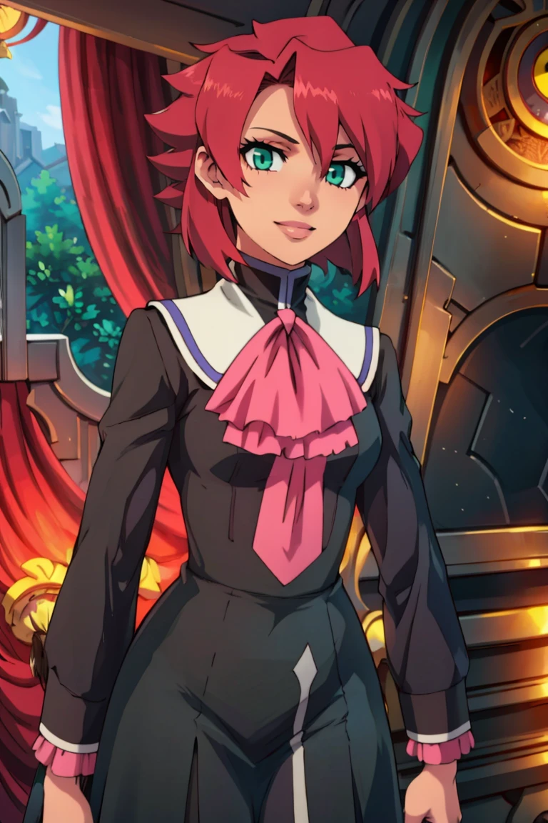 ((masterpiece,best quality)), absurdres, <lora:Chiaia_Flan_Tenchi:0.8>, Chiaia_Flan_Tenchi,  1girl, solo, red hair, short hair, green eyes, black dress, school uniform, ascot,  solo, smiling, looking at viewer, cowboy shot,