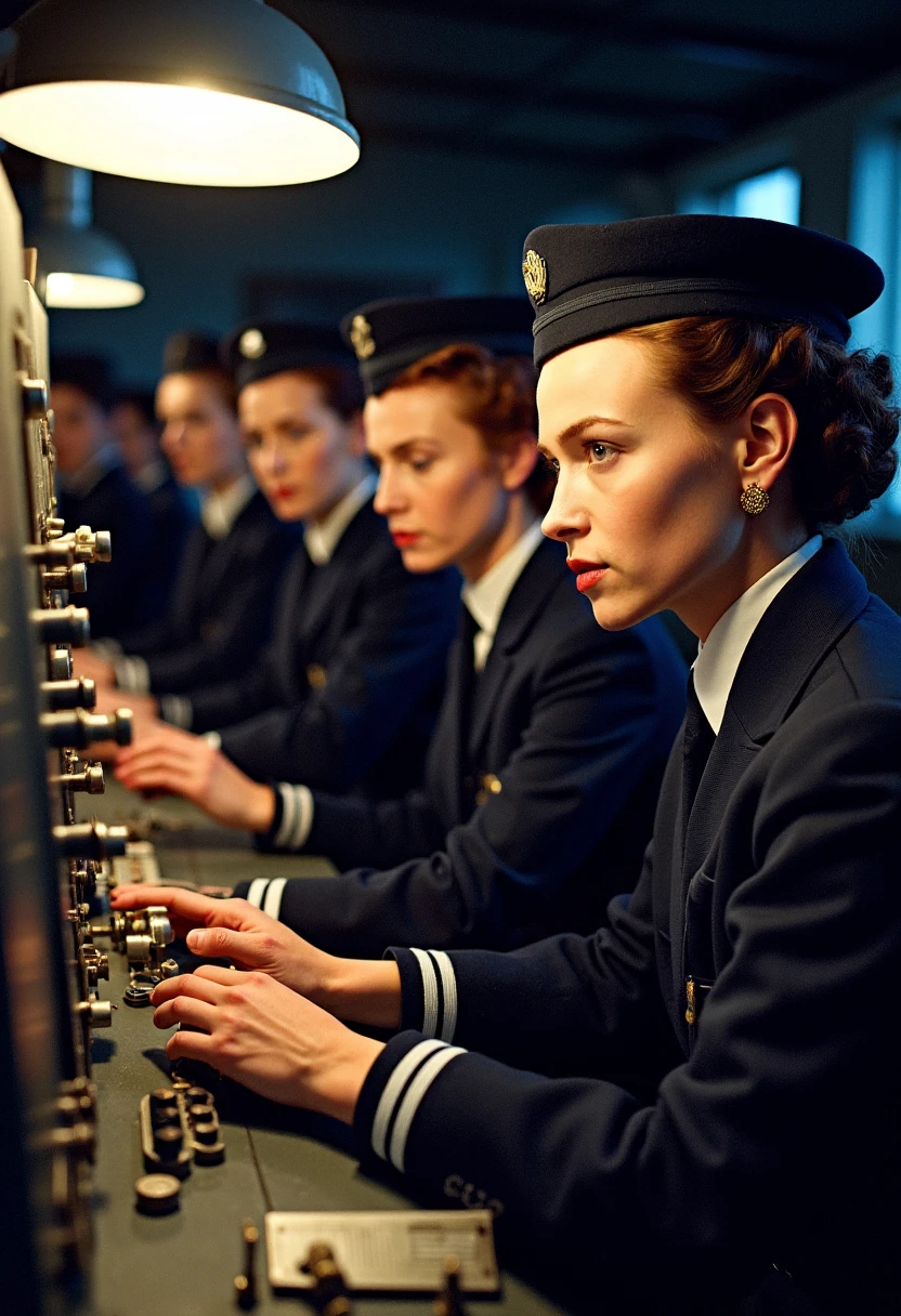 Picture a vivid, high-definition color photograph of a group of Wrens wearing their 1940s-era uniforms, gathered around a large radio transmitter in a communications room. Their faces show deep concentration, their hands adjusting dials and noting down incoming messages. The room is dimly lit, illuminated by the warm glow of lamps, casting shadows on the equipment and highlighting the women’s serious expressions. The navy-blue Wrens uniforms, with their characteristic 1940s styling, contrast with the metallic sheen of the radio equipment, creating an atmosphere of focus and critical duty.