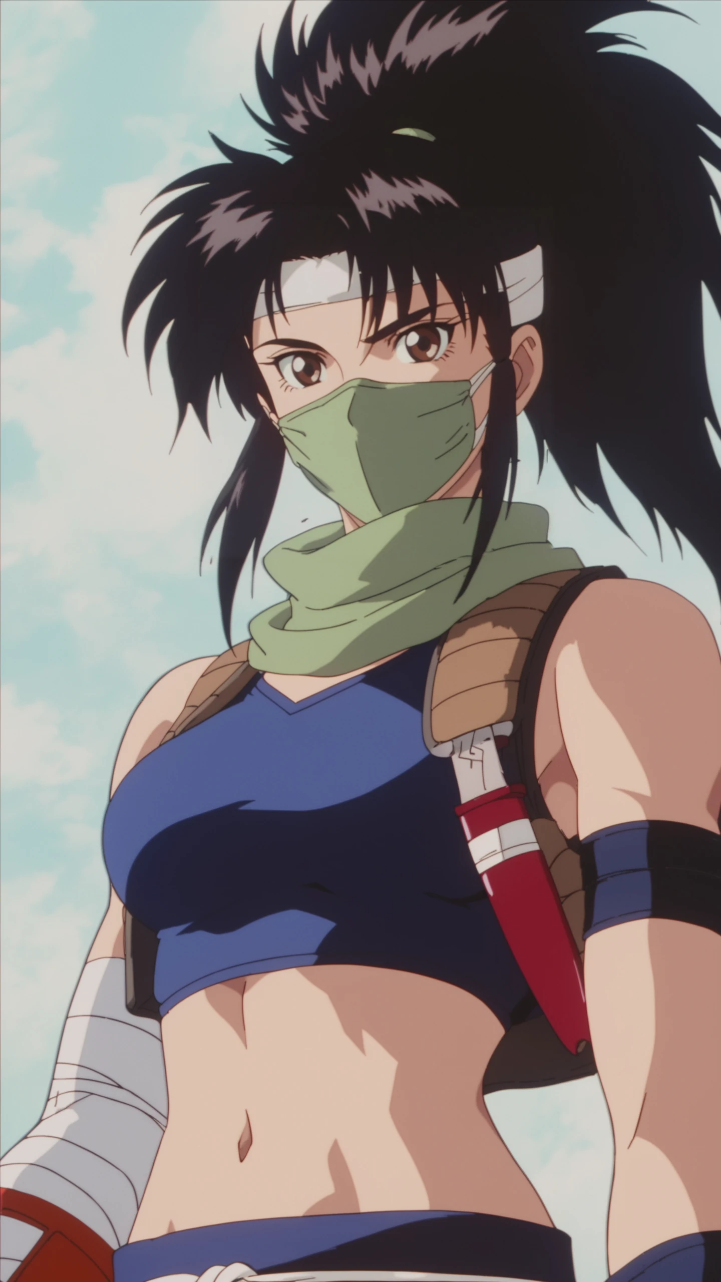 Analog style, vhs style, Dvd screengrab, old anime, classic anime, Analog style, vhs style, Dvd screengrab, 80s classic anime, hentai, score_9, score_8_up, score_7_up, i want the whole image to be created in 3D anime style, 1girl, solo, long hair, looking at viewer, black hair, gloves, navel, holding, bare shoulders, brown eyes, upper body, ponytail, weapon, grey hair, sleeveless, midriff, scarf, holding weapon, mask, bandages, high ponytail, knife, black background, bandaged arm, mouth mask, covered mouth, ninja, kunai, green scarf, embers, akali, score_9, score_8_up, score_7_up