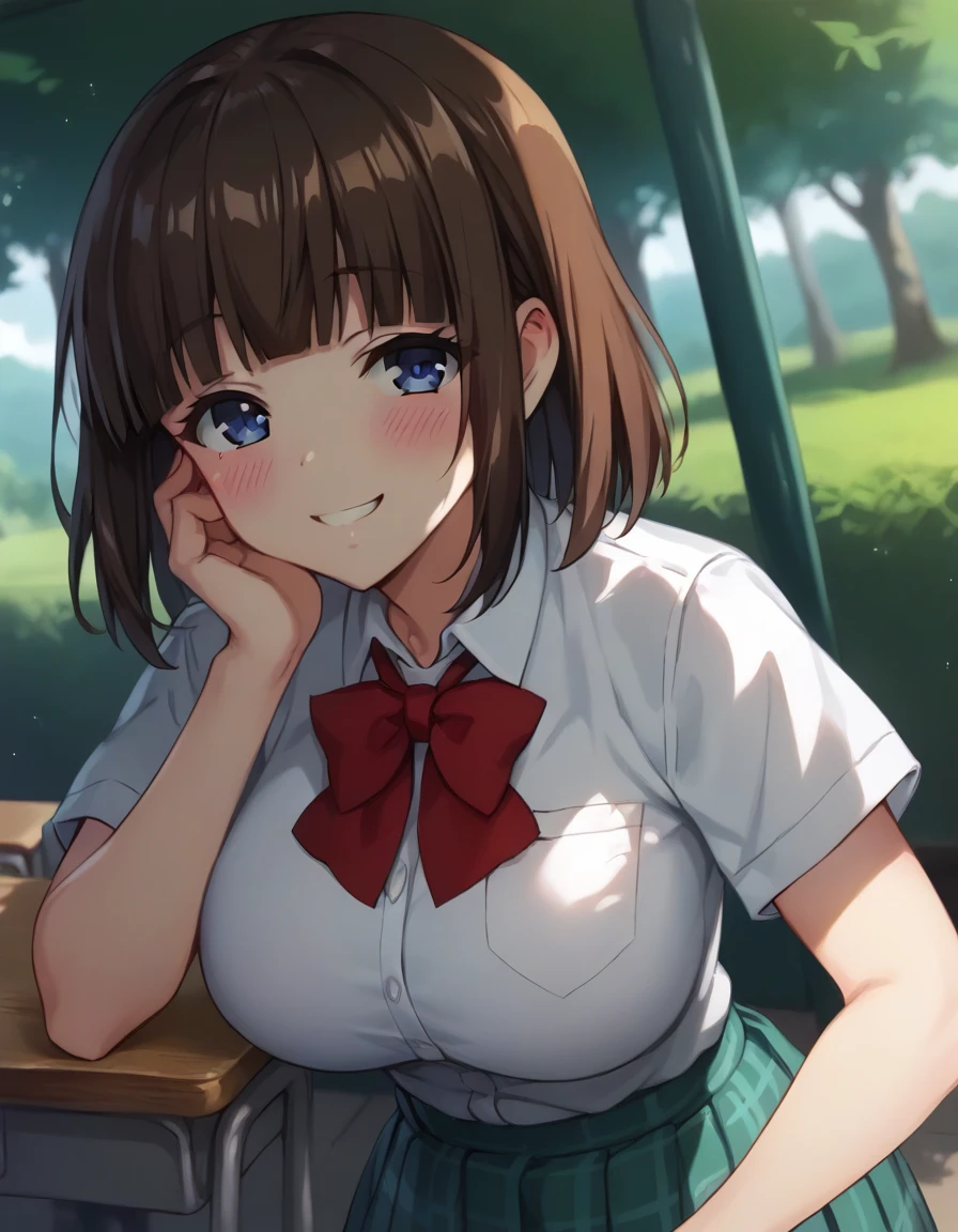 score_9,score_8_up,score_7_up,score_6_up BREAK official art,solo,outdoors,upper body,(portrait:1.5),looking at viewer,facing viewer,smile,blush,Toko Saionji,medium hair,brown hair,shiny hair,bob cut,sidelocks,blunt bangs,blue eyes,school uniform,red bowtie,white shirt,collared shirt,dress shirt,pocket,large breasts,skindentation,short sleeves,miniskirt,green skirt,pleated skirt,plaid skirt,black socks,loafers,<lora:Toko Saionji(hc)-Pony:1.5>,<lora:Smooth Anime Style LoRA XL:0.8>,