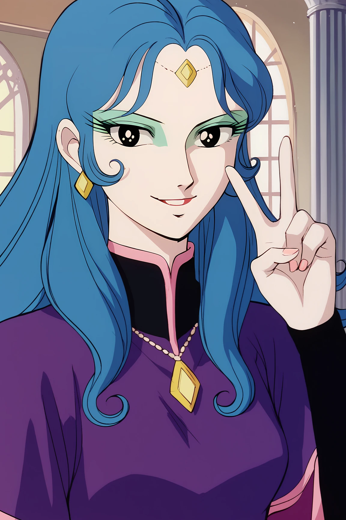 score_9, score_8_up, score_7_up, score_6_up, BREAK, NonGouMMXL, retro artstyle, white skin, colored skin, black eyes, blue hair, long hair, sidelocks, forehead jewel, small breasts, necklace, purple dress, black sleeves, solo, front view, peace sign, (portrait, upper body), solo focus, seductive smile, looking at viewer, indoors <lora:NonGouMMXL:1>