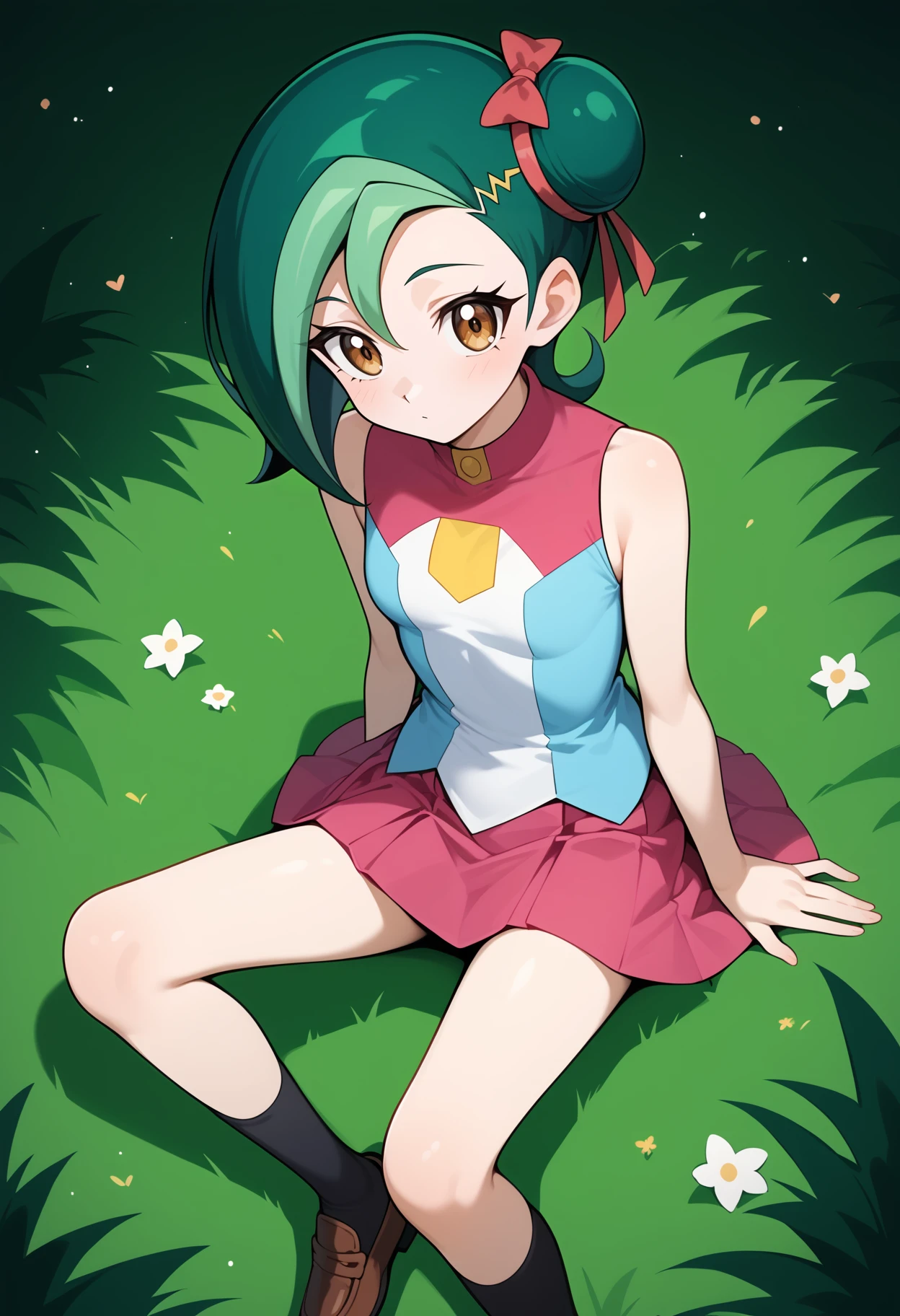 score_9, score_8_up, score_7_up, score_6_up, score_5_up, score_4_up, source_anime, aakotori, short hair, multicolored hair, green hair, single hair bun, hair ribbon, brown eyes, small breasts, bare shoulders, sleeveless shirt, multicolored shirt, blue shirt, pink skirt, <lora:mizuki_kotori_(yu-gi-oh!)_ponyxl_v1:0.9>, sitting, on floor, grass, black socks, loafers,