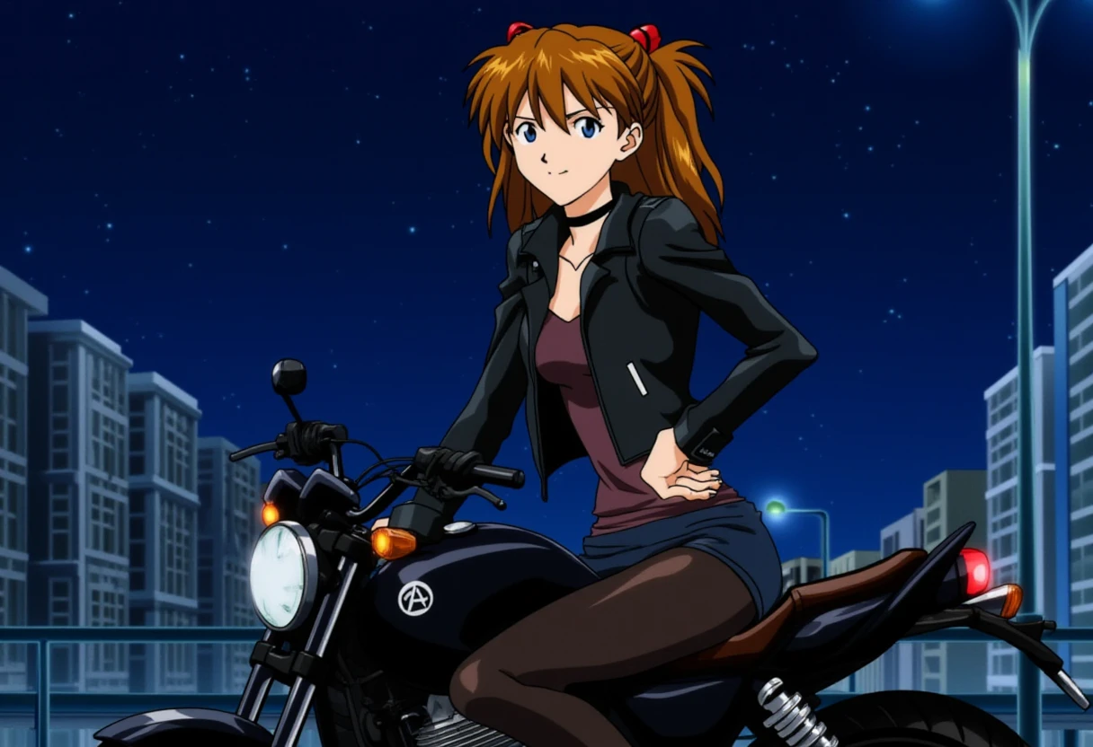 A detailed solo portrait of ppasuka. She has chestnut brown  hair.
She is sitting on a black motorcycle. She wears leather jacket, a choker, short skirt and black stockings. She looks haughty. Tokyo city nightscape in the background. 
anime still, highly detailed. No flat color, no hand drawn, no fan art.
anime.
 <lora:Asuka_Langley_flux_prototype_v2-000010:1>