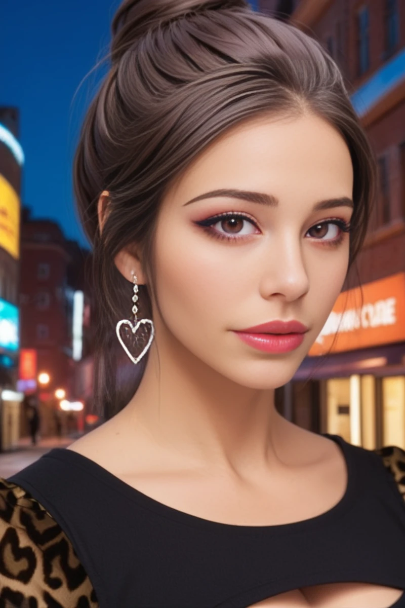 Ha1rdr3ss3r, score_9, source_anime, an image of Ha1rdr3ss3rDove woman, heart earrings, close-up, looking at viewer, black dress, cleavage cutout, leopard print short sleeves, city street, late at night, <lora:Ha1rdr3ss3rDove:0.9>, zPDXL2