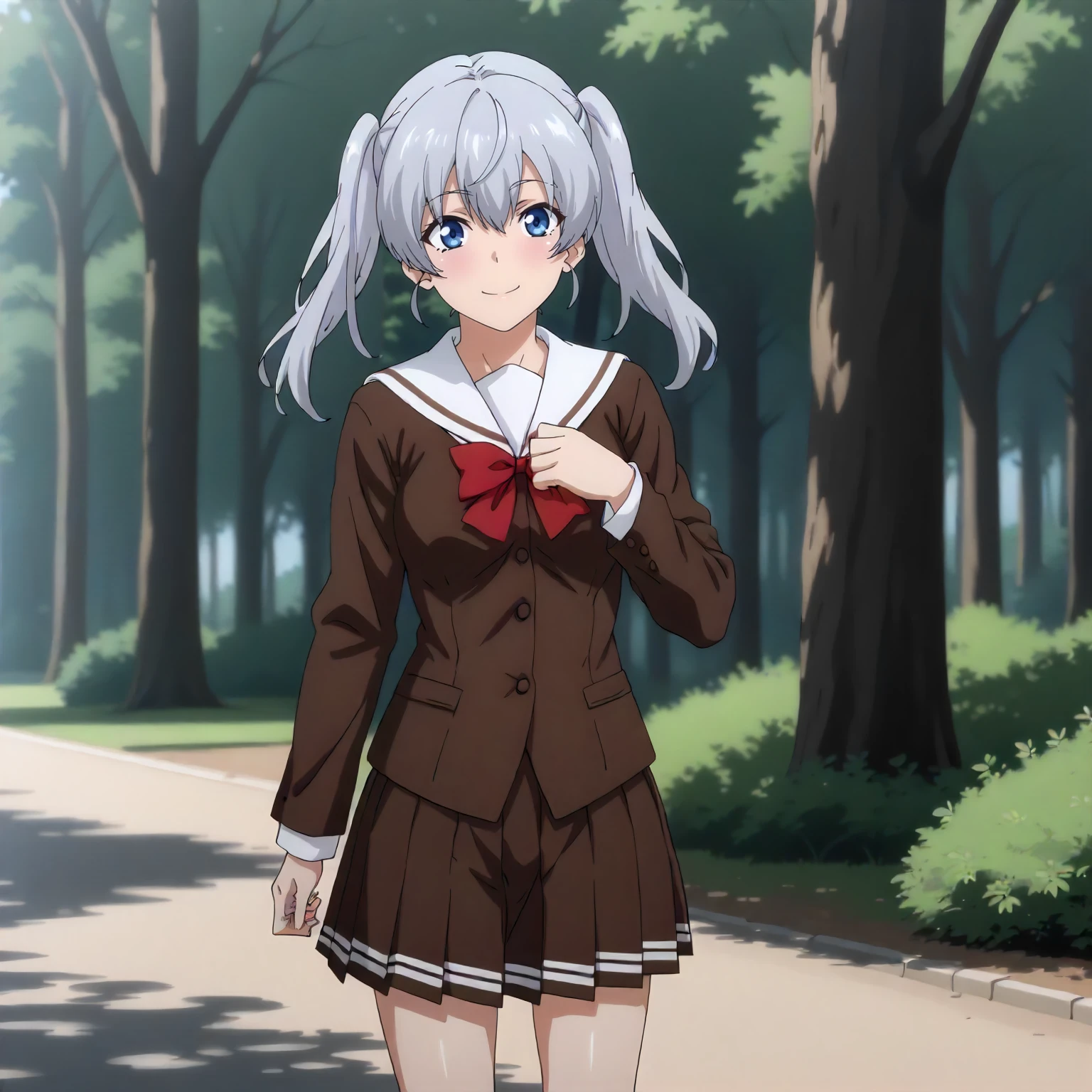 <lora:ToY_KuroeXLpony001>,
outdoors,nature,
smile,
solo,
Kuroe,1girl,silver hair,twintails,blue eyes,
white sailor color,brown shirt,red bowtie,long_sleeves,
pleated_skirt,brown skirt,