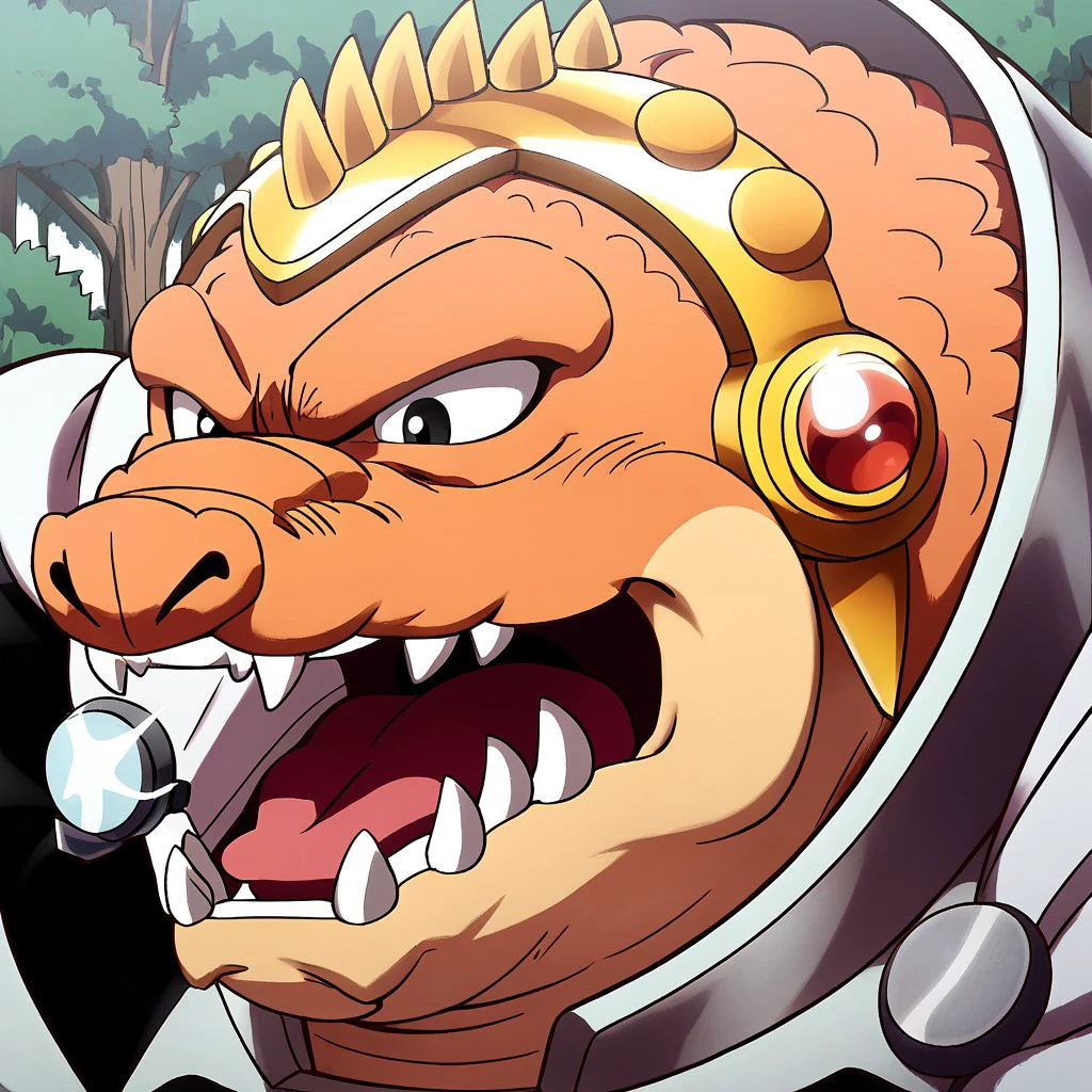 crocodine, male, solo, anime, muscle, black eyes, fangs, armor, white layer, forest background, detail background, detail character, 4k, masterpiece, best quality, highly detailed, close up, face focus, open mouth, from above, profile angle, zoom upper body, muscular pose, grin, look camera