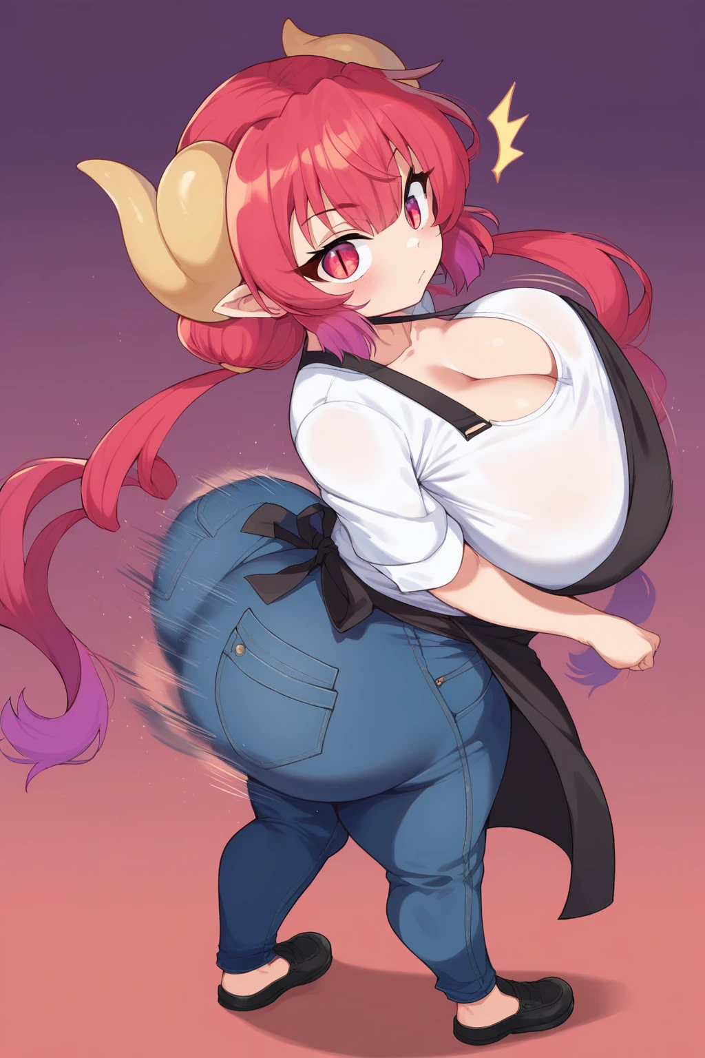 score_9, score_8_up, score_7_up, score_6_up, score_5_up, score_4_up, masterpiece, high quality, BREAK, full body, BREAK, 1girl,  <lora:Ass_Clap:0.7> ClapEm, ass, huge ass, motion blur, motion lines, afterimage,bodysuit,  <lora:ilulu:0.9> ilulu, 1girl, breasts, horns, solo, black apron, cleavage, apron, dragon horns, shirt, red hair, dragon girl, red eyes, long hair, looking at viewer, huge breasts, twintails, pants, multicolored hair, bangs, denim, closed mouth, slit pupils, gradient hair, collarbone