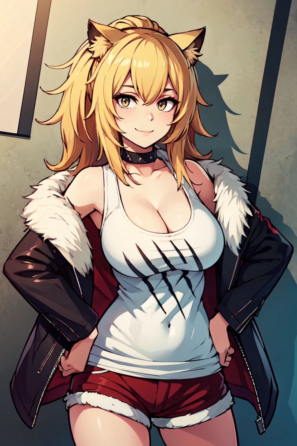 ((masterpiece,best quality)), absurdres,  BREAK, , <lora:Siege_Arknights:0.8>,  zzsiege, blonde hair, cat ears, black jacket, fur-trimmed jacket, cleavage, black choker, white tank top, short shorts, lollipop, collarbone, red shorts , BREAK, hip to the side, hand on hip, contrapposto,, BREAK, solo, smile, looking at viewer, cowboy shot,