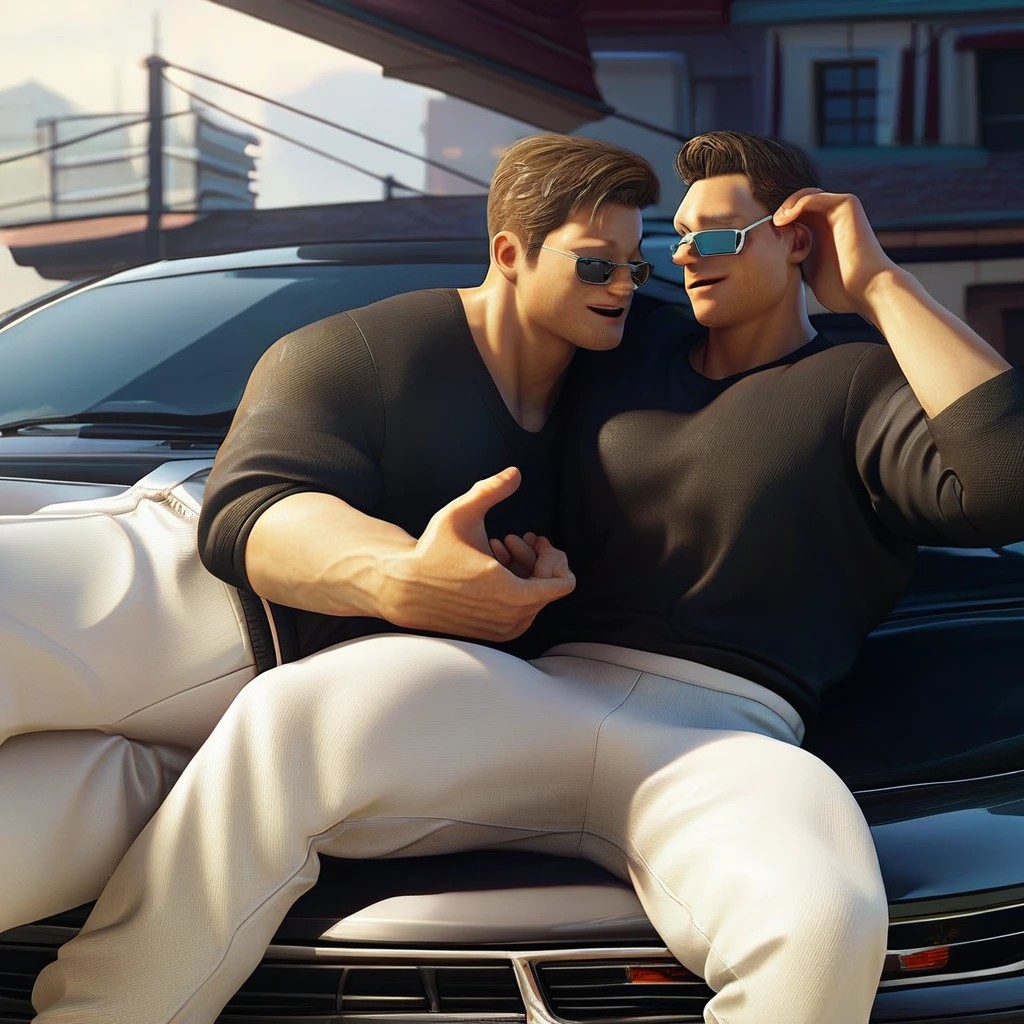 Johnny cage, sitting on car roof, black car, black shirt, white pants, sunglasses, brown hair, 1boy, muscular male, score_9, score_8_up, score_7_up, source_anime, highly detailed,