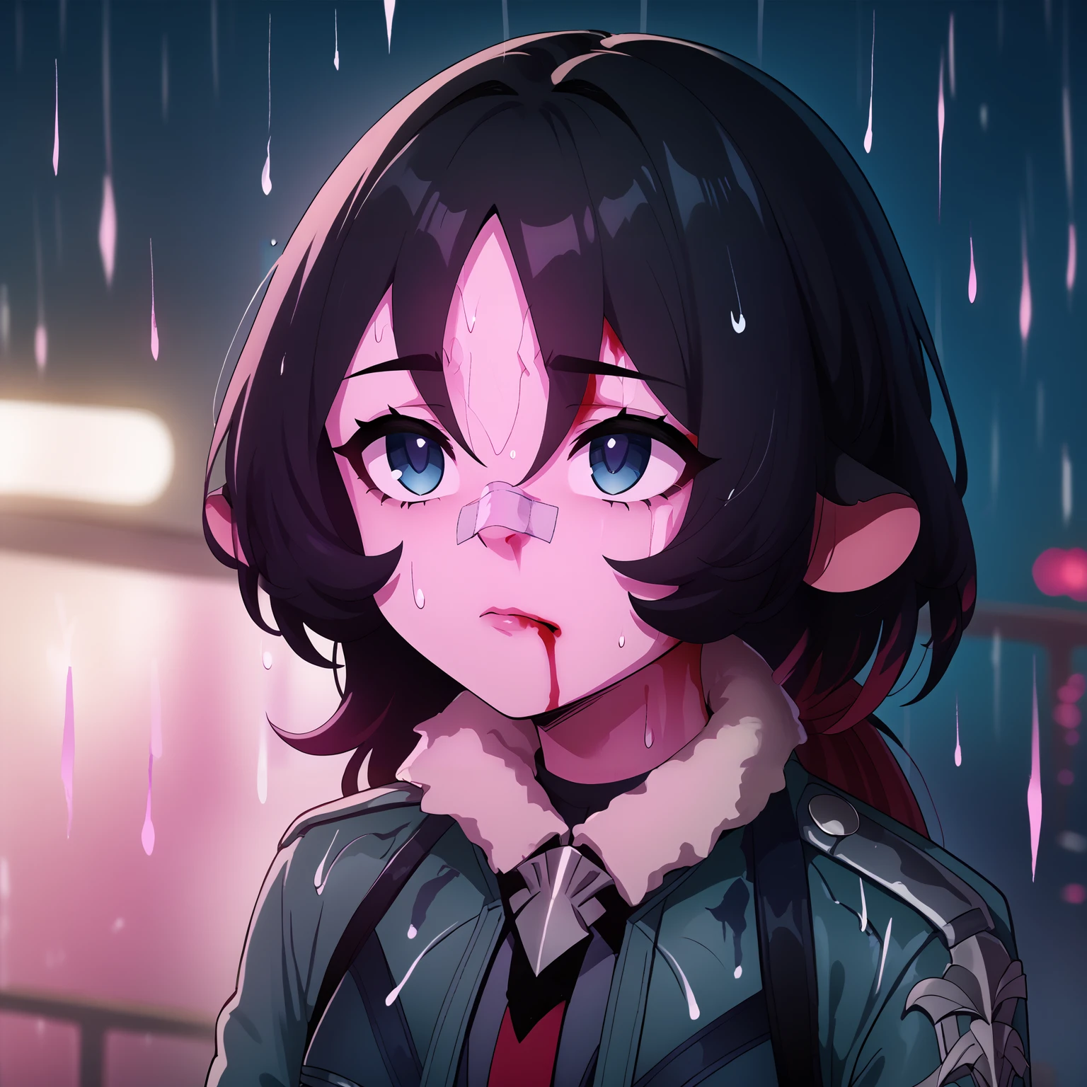 score_9, score_8_up, score_7_up, BREAK,
1girl, janedoe, bangs,  black hair, blue eyes, red hair, long hair,
mouse ears,
fur-trimmed jacket, green jacket, red necktie,
portrait, blood on face, bandaid on nose,blurry background, pink lighting, night, dark, pink theme, rain <lora:JaneDoeXL_byKonan:1> <lora:YouLookLonelyXL_byKonan:1>