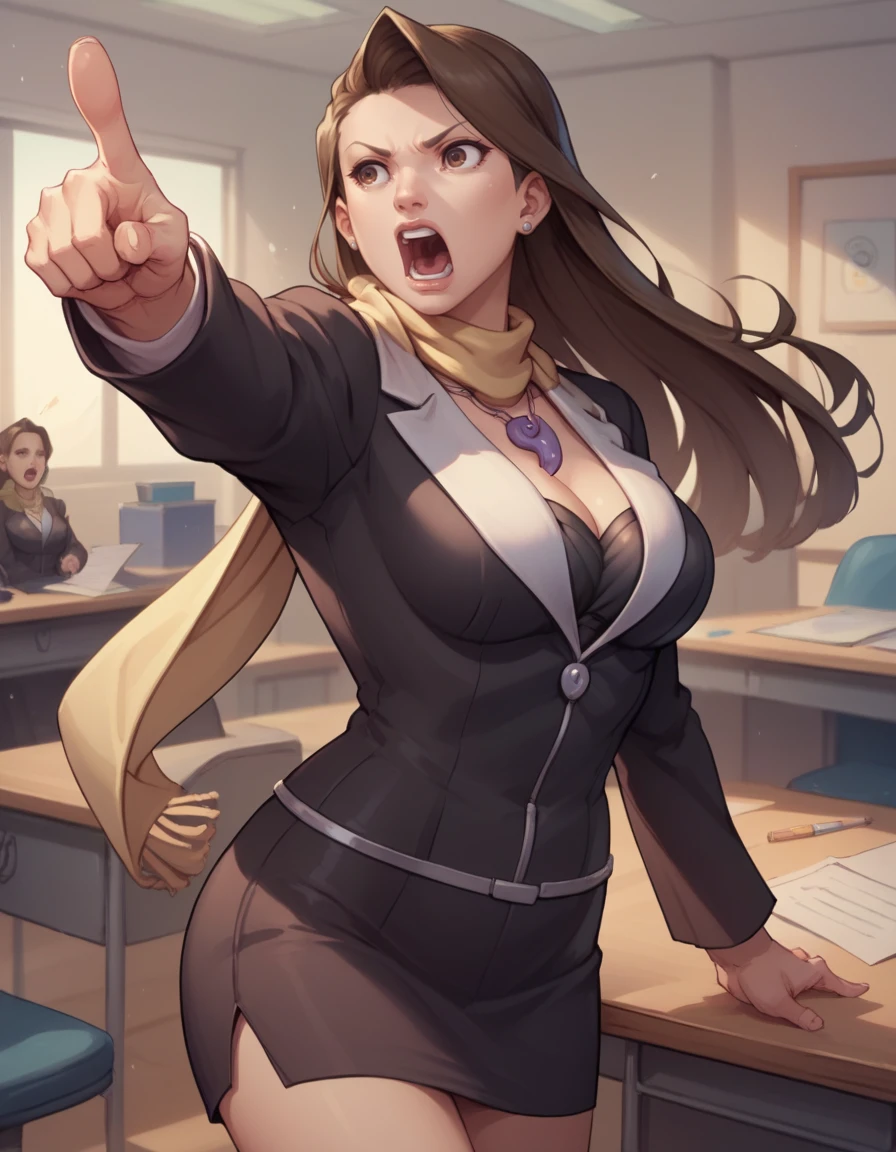 score_9, score_8_up, score_7_up, 
1girl, solo,
large breasts,
miafeyattorneydg, mature female, 
long hair, brown hair, brown eyes, 
jacket, necklace, scarf, skirt, magatama necklace, blazer,
open mouth, pointing, shouting,
desk, office,
 <lora:Mia Fey Attorney PXL v01:0.90>