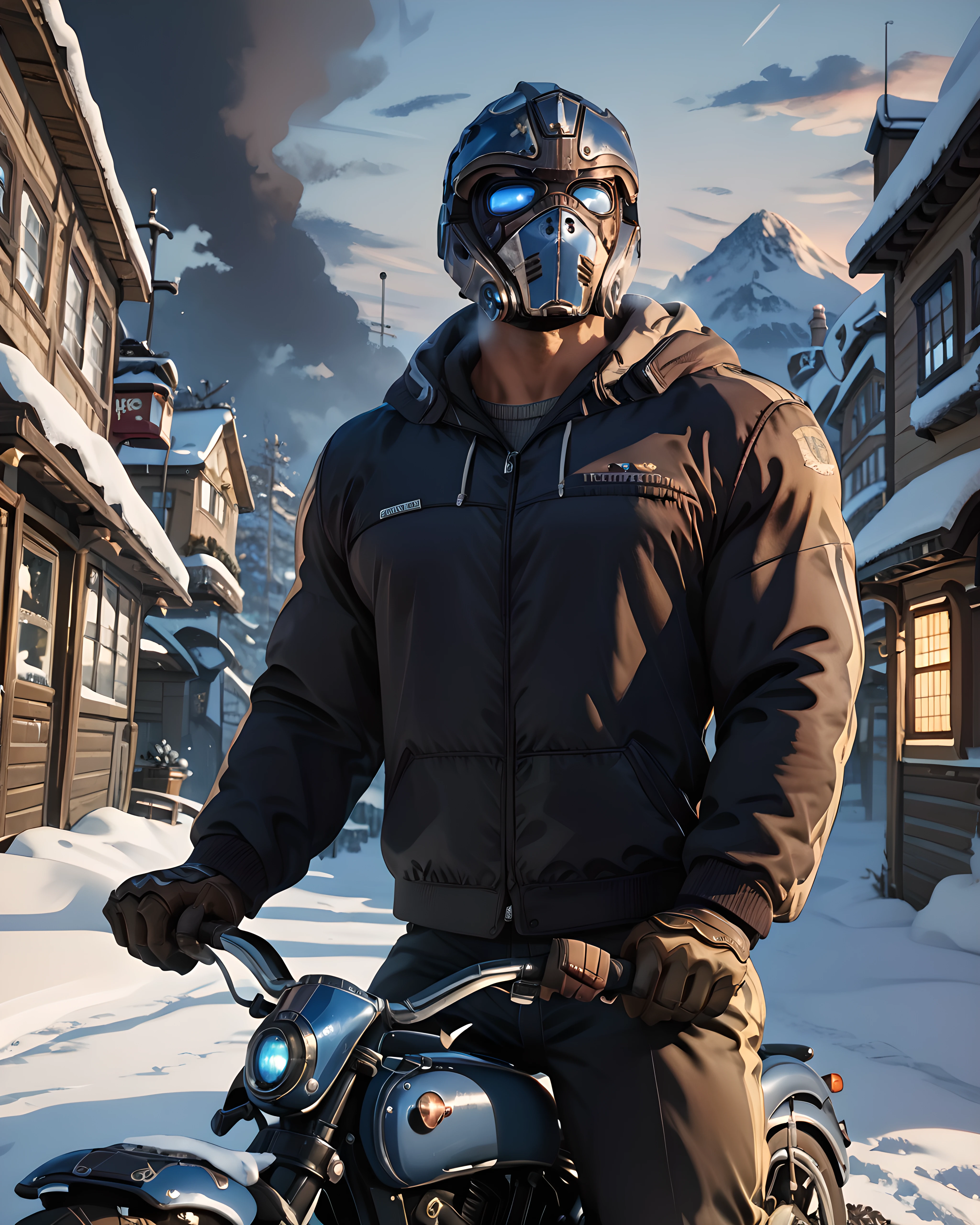 <lora:Clayton_Carmine_PonyXL-10:0.9> clayton_carmine, helmet, black bomber jacket, blue t-shirt, open jacket, long pants, winter, snow, (snow fog:1.2), town, evening, cloudy, cowboy shot, (muscular:1.3), bara, gloves, town, riding motorcycle, score_9, score_8_up, score_7_up, score_6_up,