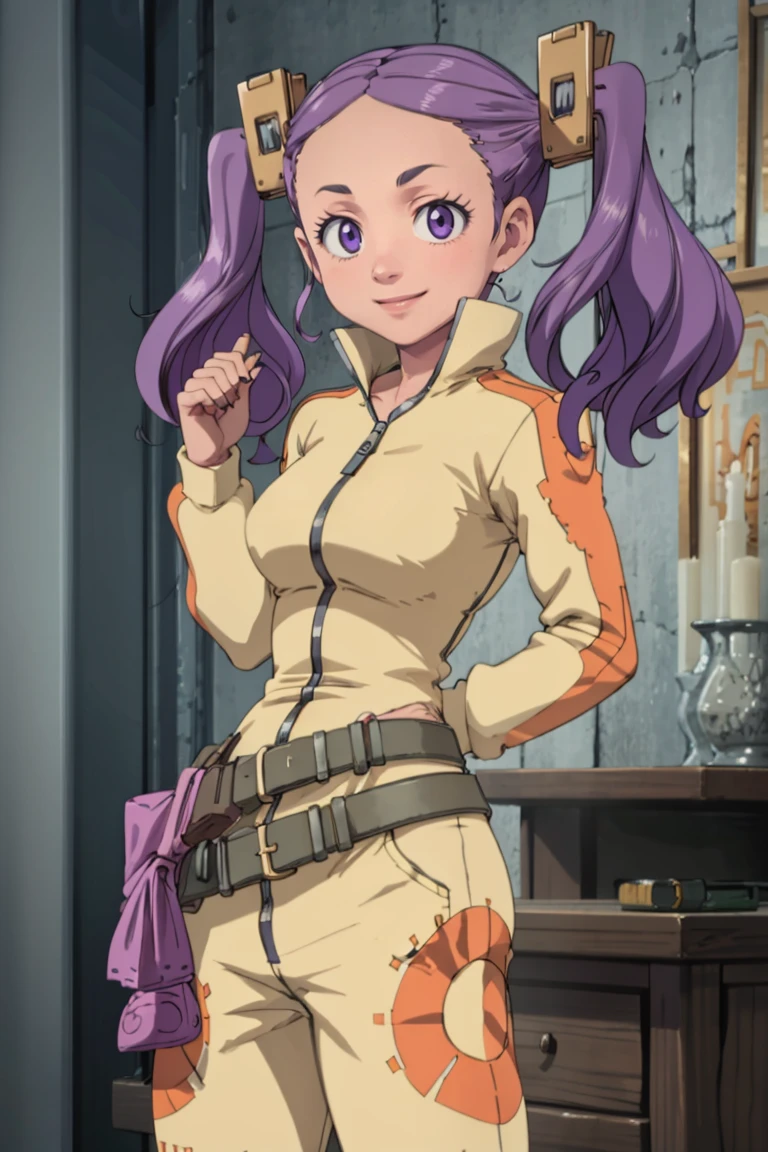 ((masterpiece,best quality)), absurdres, <lora:Wahanly_Shume_Tenchi:0.8>, Wahanly_Shume_Tenchi,  1girl, solo, long hair, purple hair, twintails, purple eyes, hair ornament, belt, jumpsuit,  solo, smiling, looking at viewer, cowboy shot,