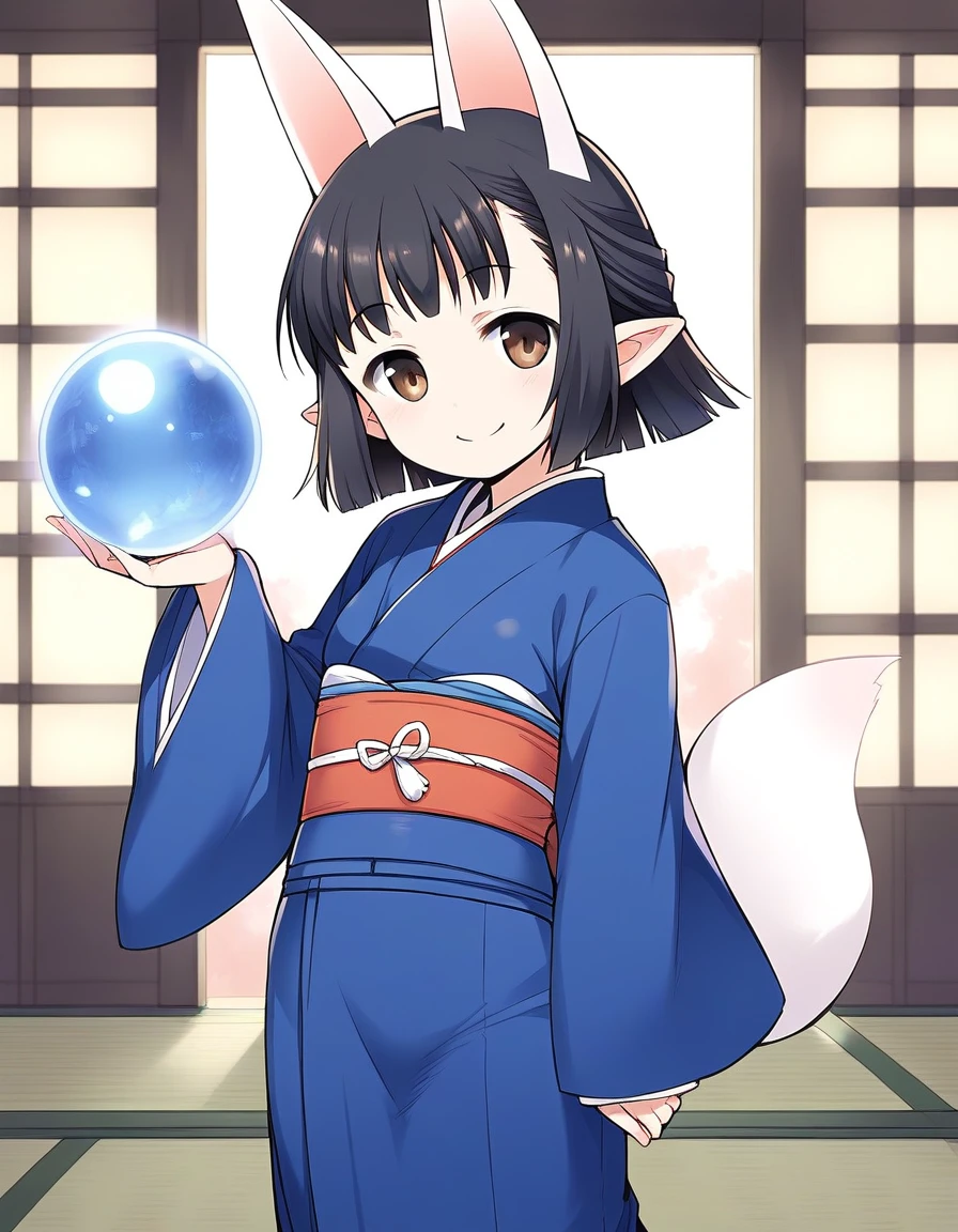 score_9, score_8_up, score_7_up, source_anime, rating_explicit, BREAK  <lora:Hasaha_Ver2.0_XL:1> Hasaha, animal ears, black hair, brown eyes, pointy ears, short hair, white tail, short stack,
japanese clothes, blue kimono, crystal ball,  sash, obi,  orb,
Japanroom, tatami,
smile,
looking at viewer, 
cowboy_Shot,