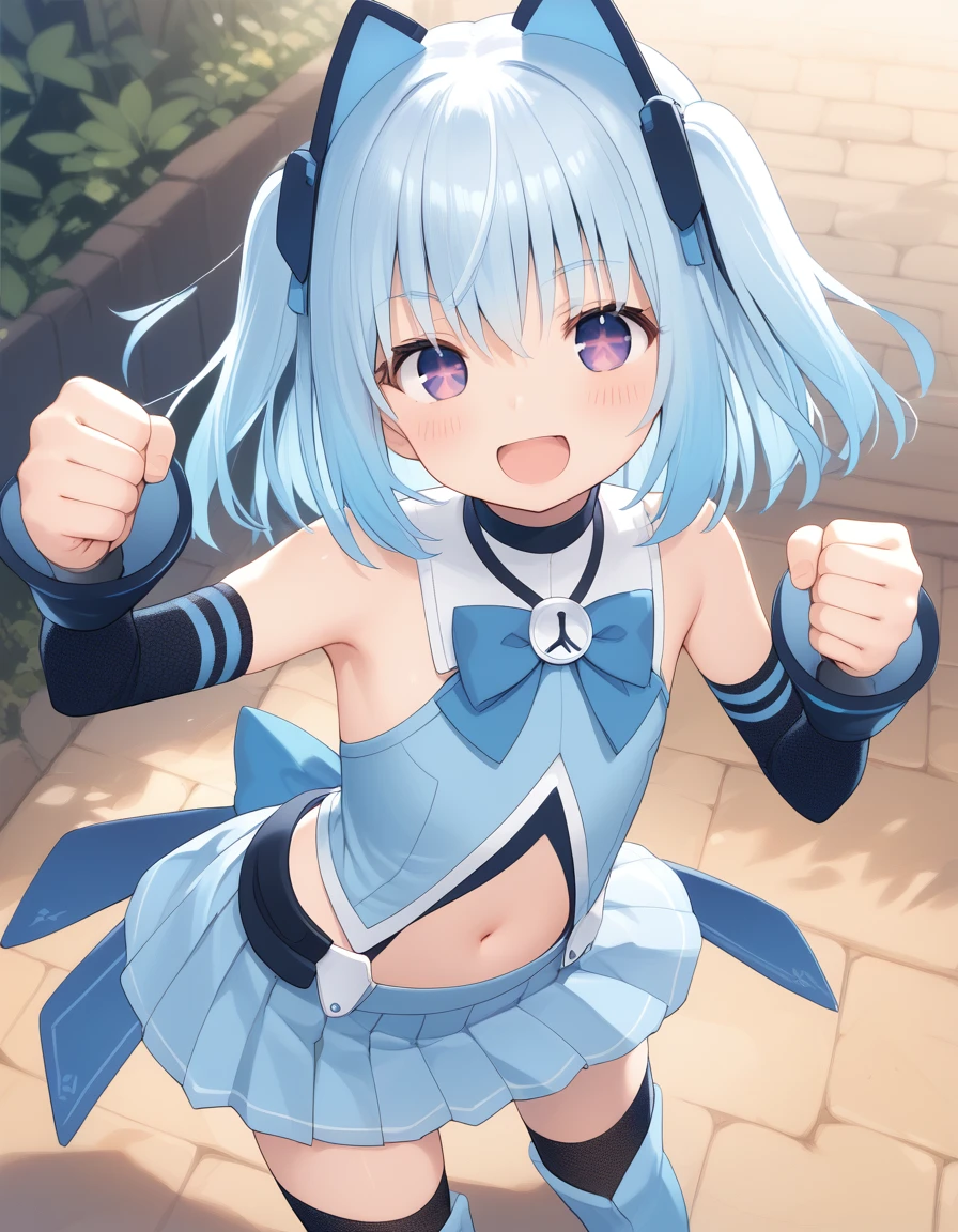 1000-chan, blue hair,  animal ears, cat ears, purple eyes, short hair, two side up, gradient hair, hair ornament, symbol-shaped pupils, flatchest, 
blue bow, bare shoulders, arm warmers, white anklet, blue sleeves, navel cutout, pleated skirt, blue skirt, zettai ryouiki,black thighhighs, blue thigh boots, 
<lora:1000-chan_pony_v1:1>
standing, dynamic pose ,
open mouth, blush,smile,:d,(fist_pump,arm_up,clenched_hands:1.2),from above
looking at viewer,(upper body,close-up,:1.3),
outdoors,, score_9, score_8_up, score_7_up, score_6_up, score_5_up, BREAK source_anime, best quality,very aesthetic, zPDXL2,official art,1girl, solo,