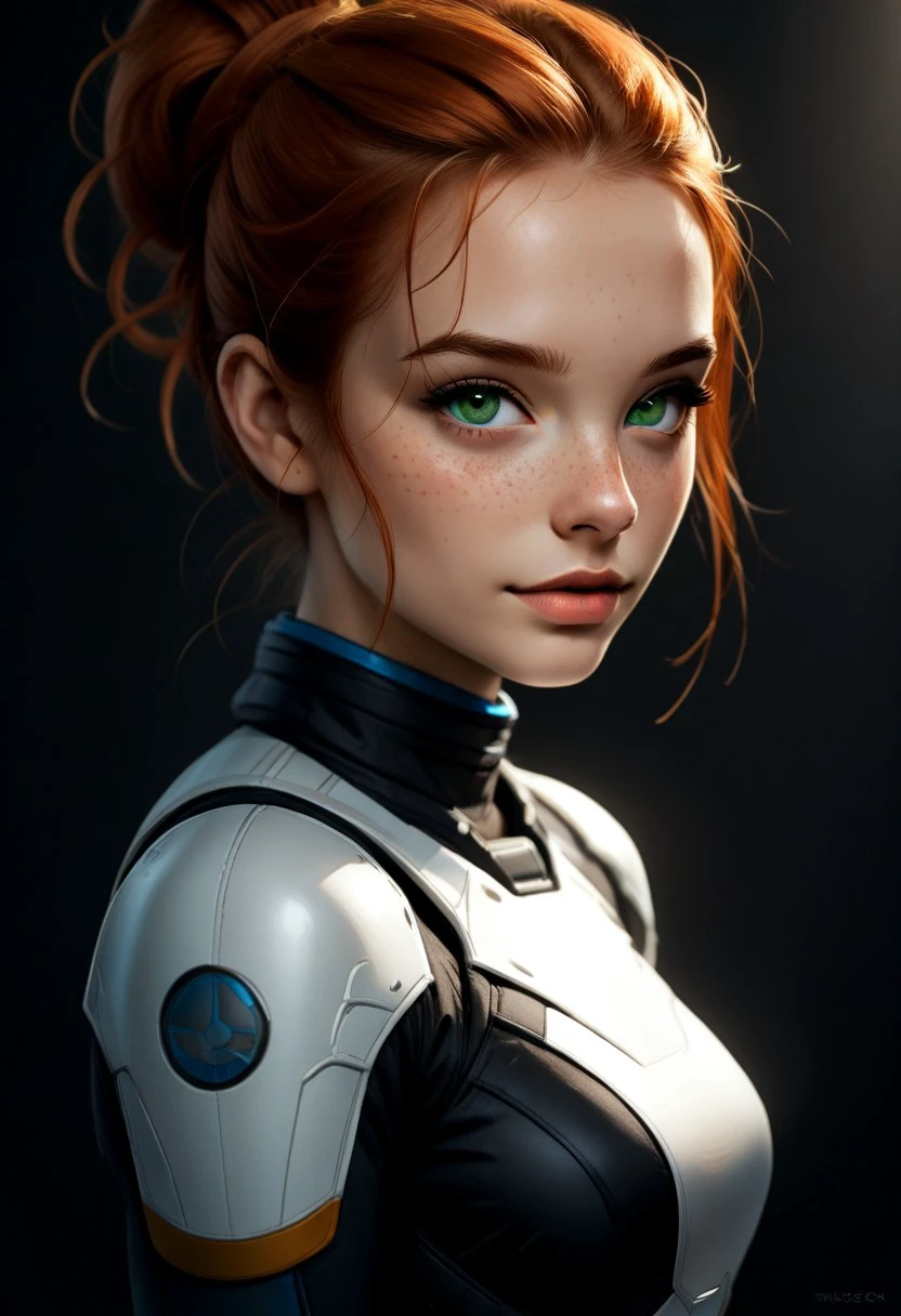 ultra detailed,  1girl, solo, gorgeous girl, cute girl, 25years old, adult, green eyes,(ginger hair), updo hairstyle,horny, boobs, dramatic lighting, sinozick style, g4n1m3, freckles, Changingroom Background:1.3, looking aroused, Dark background,Space_3xplorer