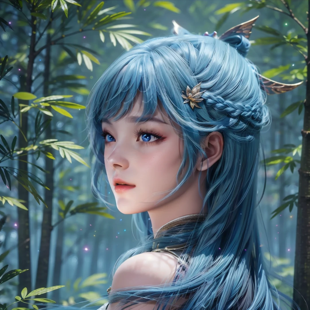 1girl,solo,long hair,blue hair,blue eyes,hair ornament,from side,forest,blurry,glowing particles,Highly detailed,(ultra-detailed),(best quality,masterpiece:1.5),