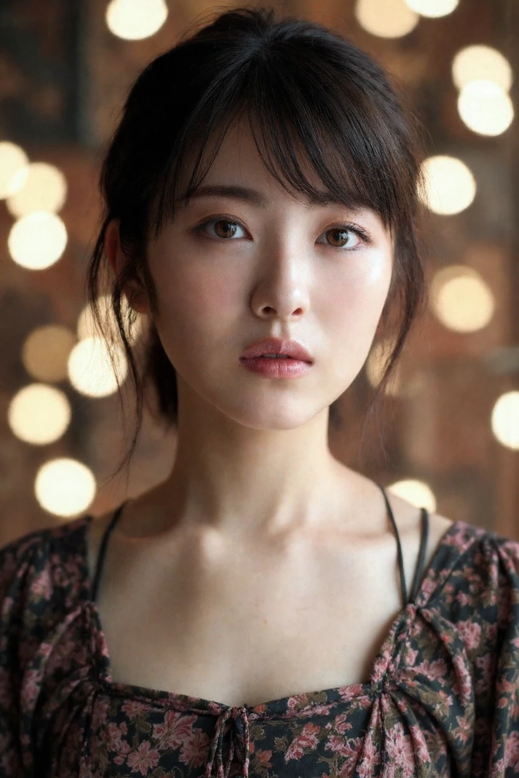 (medium full shot), beautiful korean girl, bokeh lights background, studio lighting,  wearing bohemian dress with floral pattern, dslr, soft lighting, high quality, film grain,  light reflections, blood vessels,  pale skin, skin pores,blood vessels in sclera, detailed skin, beauty spots, skin fuzz, <lora:flux_realism_lora:1>,  <lora:makinaflux_hamabeminami_v1.0-000007:1>