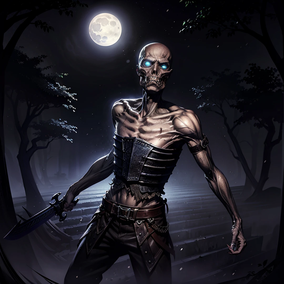 solo,((zombie)),draugrs,bald,blue eyes,((glowing eyes)),teeth,armor,sword,holding sword,looking at viewer,((realistic)),((cowboy shot)),(haunted forest:1.5),(moonlight casting eerie shadows:1.4),(whispering winds:1.3),Highly detailed,(ultra-detailed),(best quality,masterpiece:1.5),