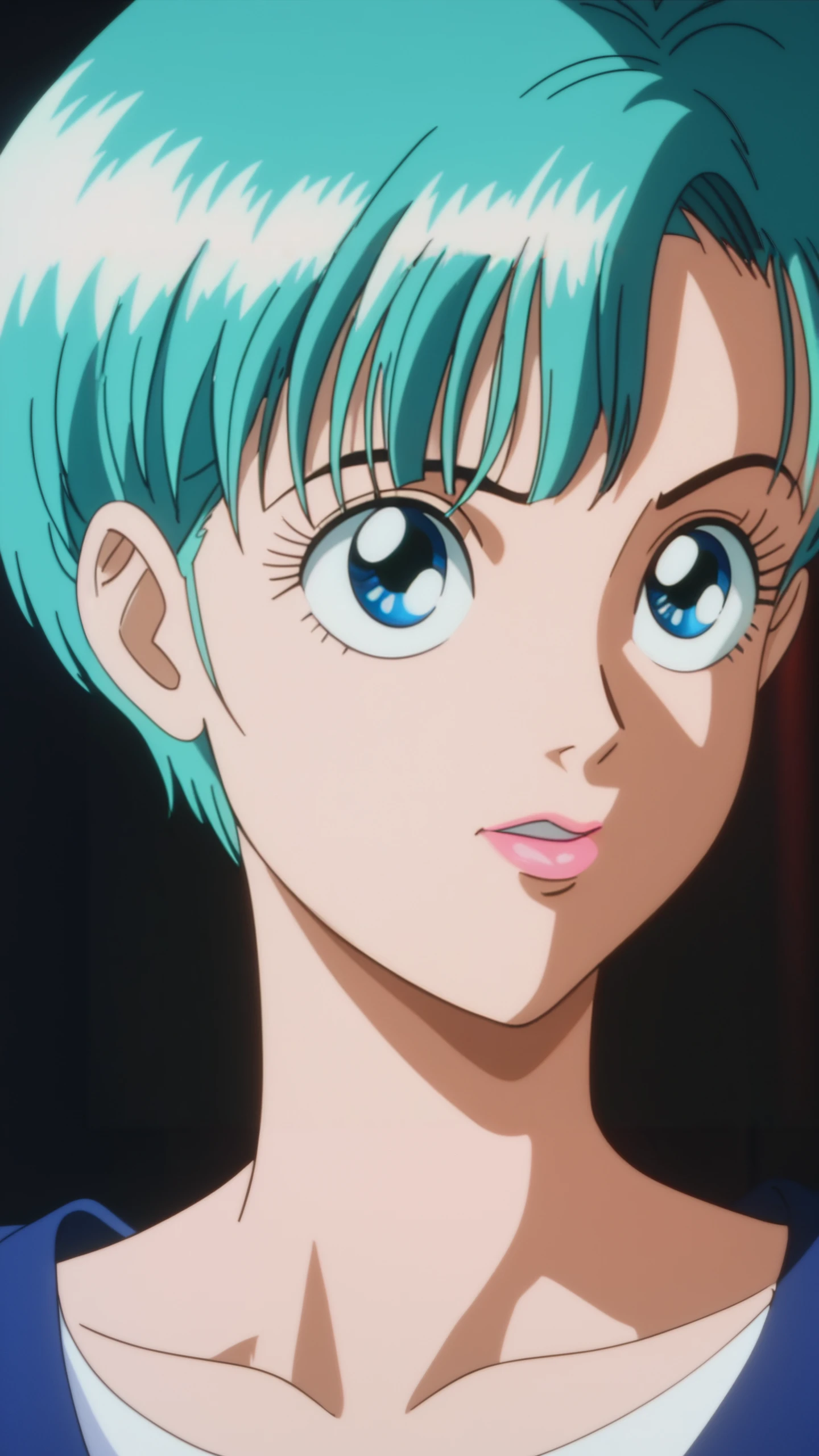 Analog style, vhs style, Dvd screengrab, old anime, classic anime, masterpiece, best quality, Half body portrait, 1girl, realistic, teen girl, (((Bulma)) character in real life), true light, pin-up, beautiful, sexy, colourful, smooth skin, illustration, artstation, sideways glance, foreshortening, extremely detailed 8K, smooth, high resolution, ultra quality, highly detail eyes, highly detail mouth, highly detailed face, perfect eyes, both eyes are the same, glare, Iridescent, Global illumination, real hair movement, realistic light, realistic shadow, real face, hd, 8k, score_9, score_8_up, score_7_up