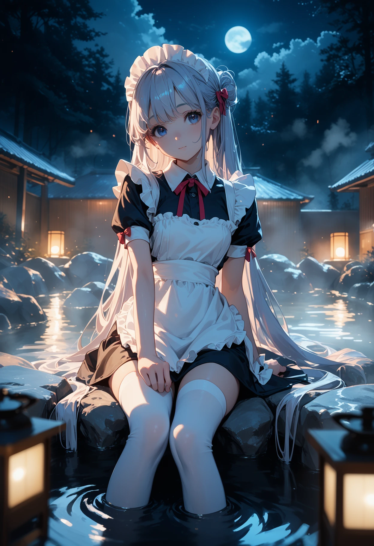 Cute girl wearing maid outfit,white_thighhighs,Low light, night, backlight, moonlight, girl with her back to the audience, very long hair, sitting in a hot spring, hot springs, mist,,, score_9,score_8_up,score_7_up,